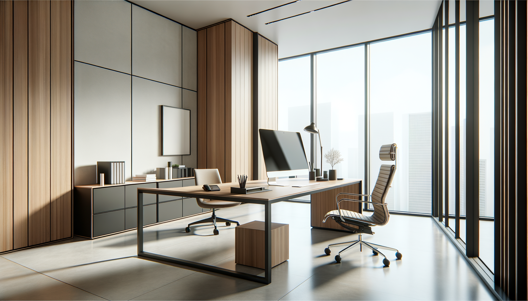 Modern office with large windows, a desk with a computer and office supplies, a beige ergonomic chair, and minimalistic decor