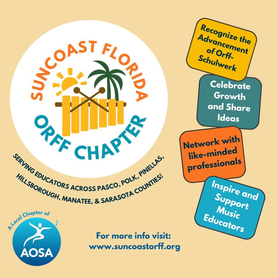 Welcome to the Suncoast Florida Orff Chapter!

We are a vibrant community of music educators dedicated to inspiring creativity, collaboration, and joyful music-making through Orff Schulwerk. 

Whether you're new to Orff or a seasoned educator, we inv