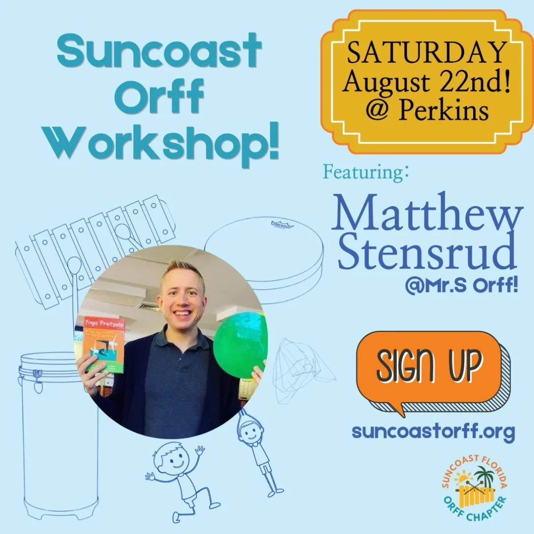 ☀️ Join us for our first workshop of the year! Only 4 more days!!!! 

Matthew Stensrud, the current President Elect of AOSA, is coming to Suncoast Orff for a joyful day of music, movement, play, and creativity! Whether you&rsquo;re new to Orff Schulw