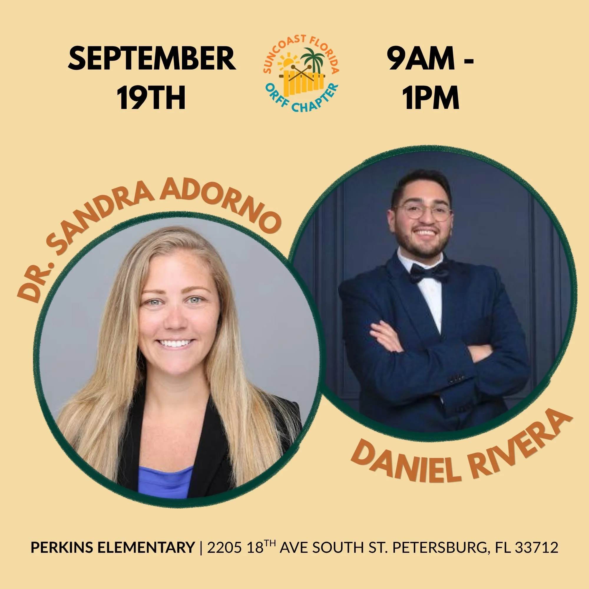 We are 2 weeks away from our next Suncoast Orff Workshop! 🎶🎉☀️

We are very excited to welcome Dr. Adorno &amp; Daniel Rivera to present! Experience a morning of creativity and collaboration with Sandra Adorno, Associate Professor of Music Educatio