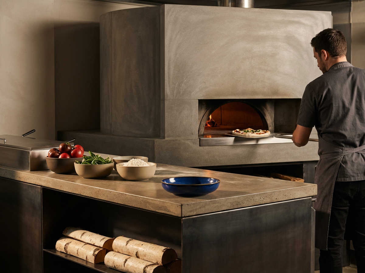 A chef placing a pizza in a wood-fired oven with bowls of ingredients, including tomatoes, fresh herbs, and flour, on a counter in a professional kitchen.