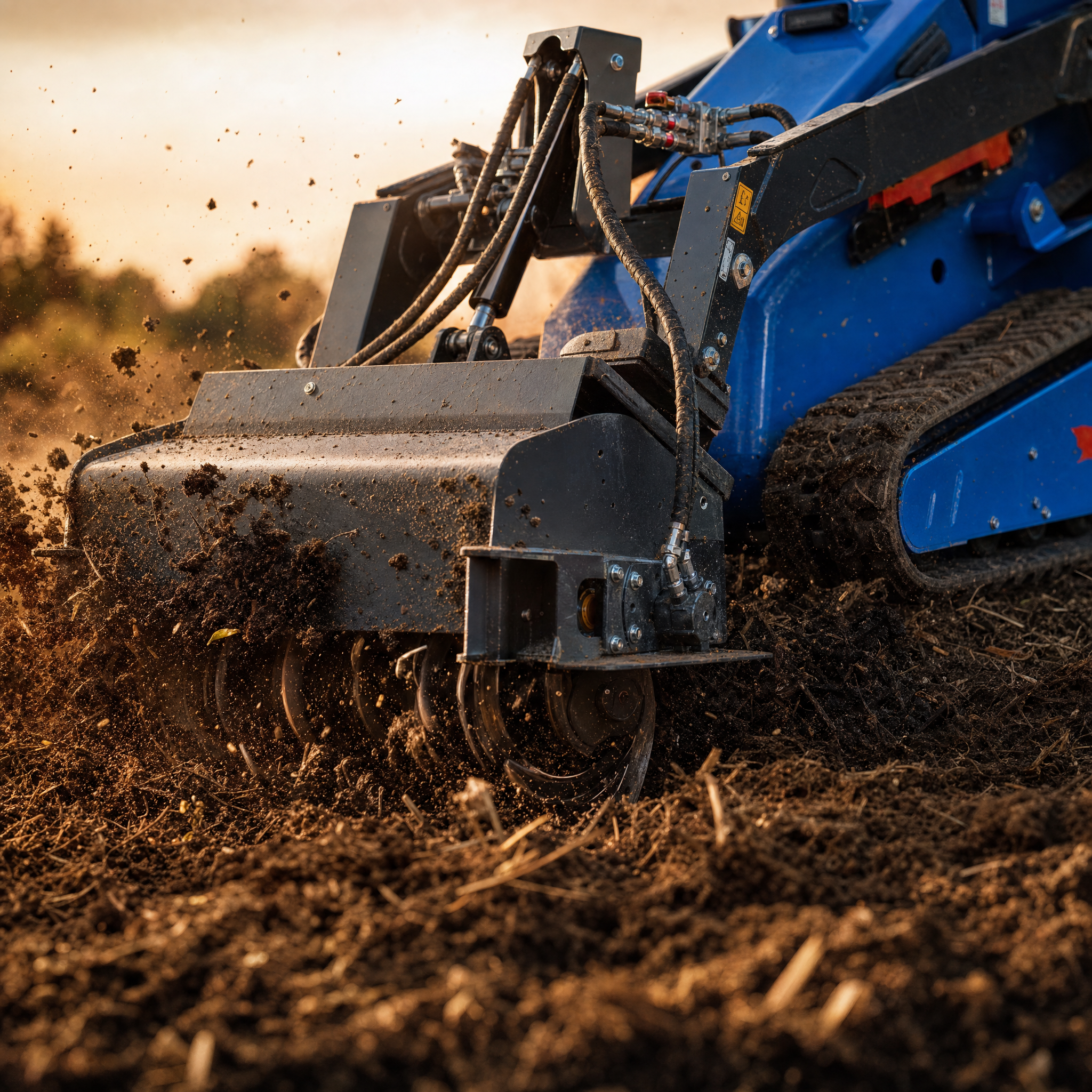 Close-up of a blue excavator bucket scooping dirt and debris, with dirt flying in the air during construction or excavation work at sunset.
