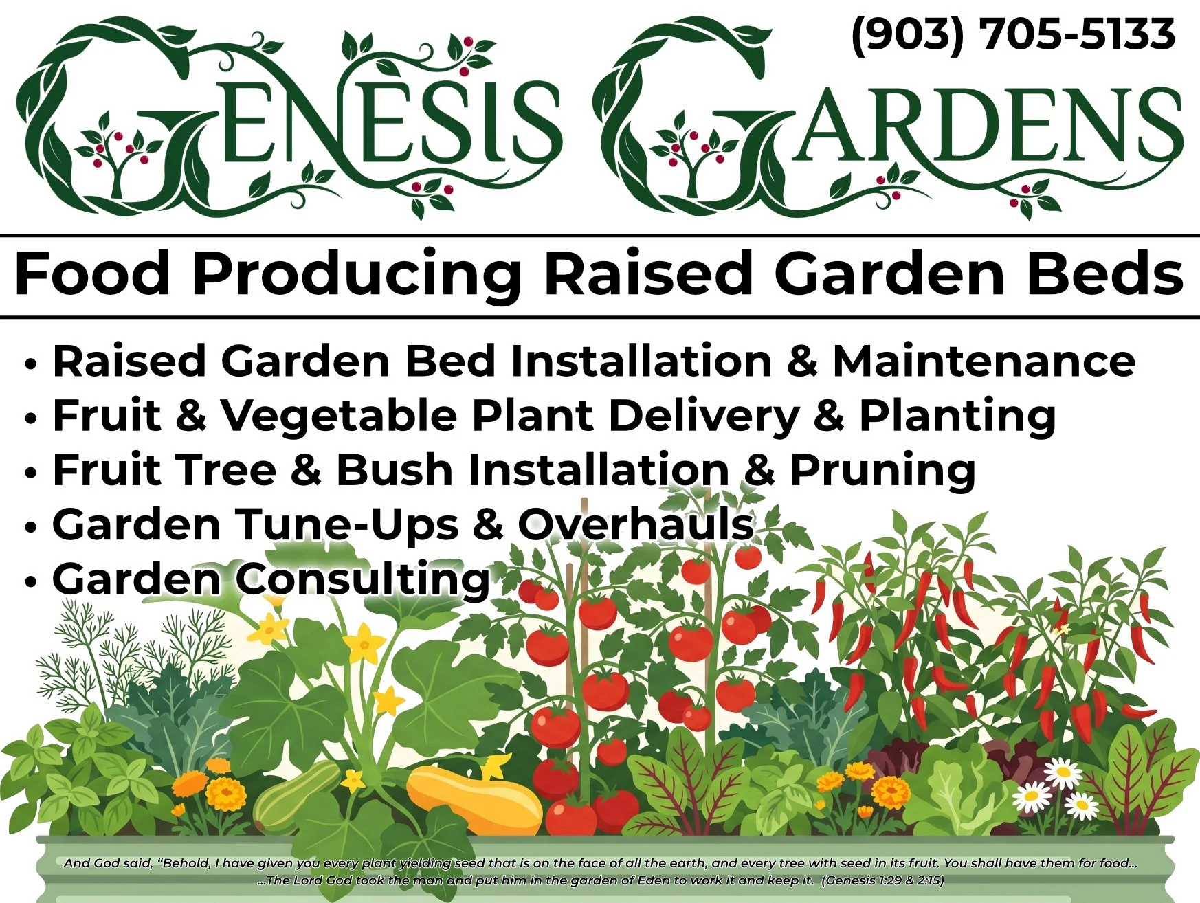 Business card for Genesis Gardens, a company that sells raised garden beds and provides related services, with a green leafy design, contact number (903) 705-5133, and a garden illustration with vegetables and flowers at the bottom.