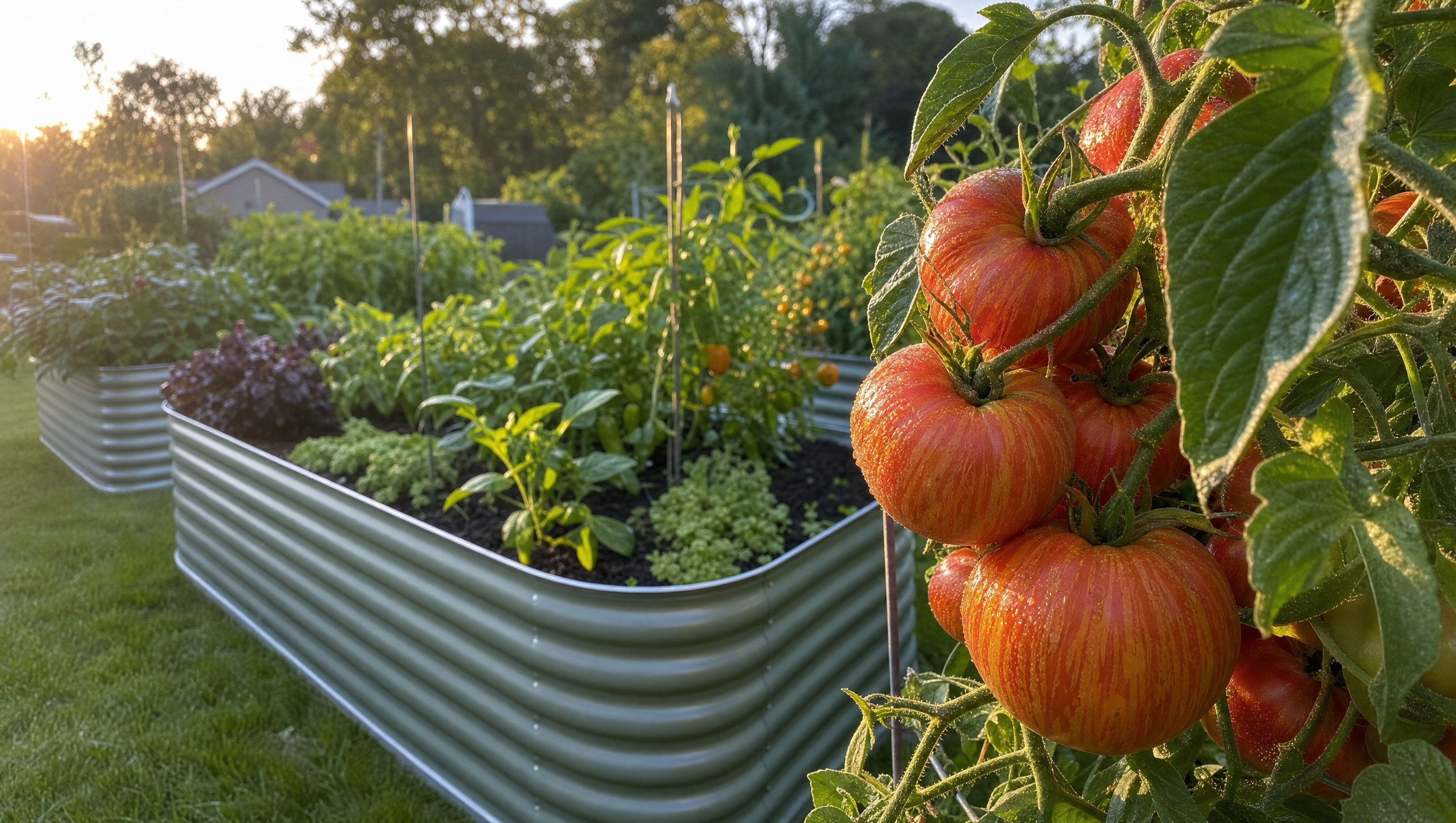 Close-up of ready-to-harvest ripe tomatoes hanging on a plant in a garden.