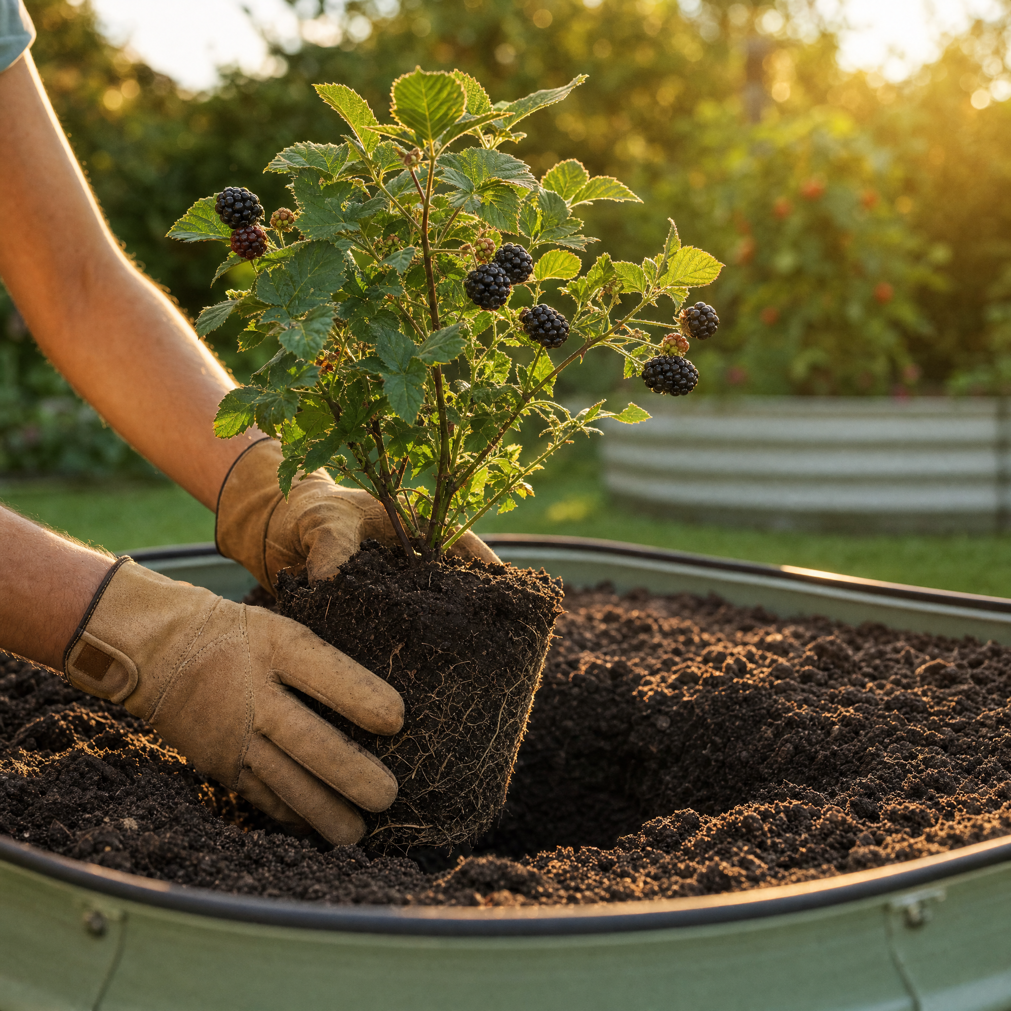 A person planting a blackberry bush in soil, with green leaves and blackberries visible, during sunset.