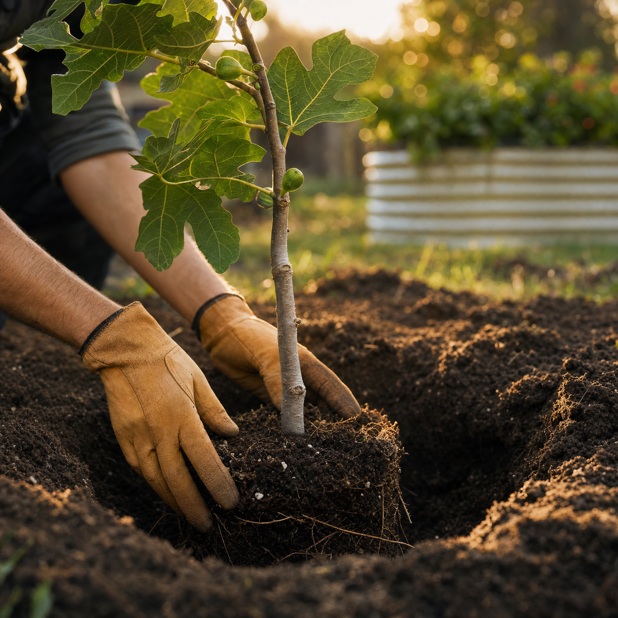 A person planting a young fig tree into the soil, with a garden or park in the background and the sunlight shining through the leaves.