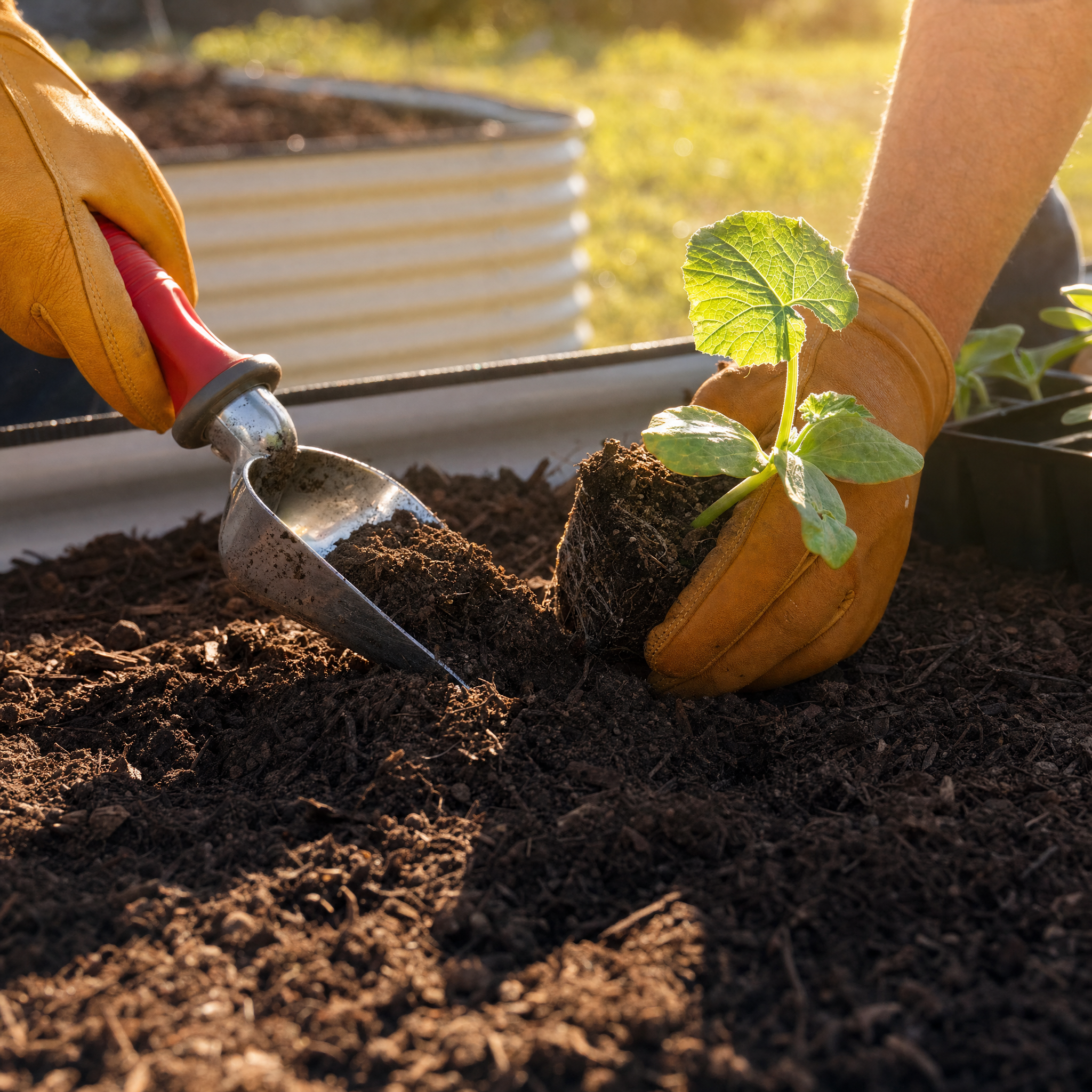 Close-up of gardening gloves, a trowel, and a young green plant in soil during sunlight, with garden beds in the background.
