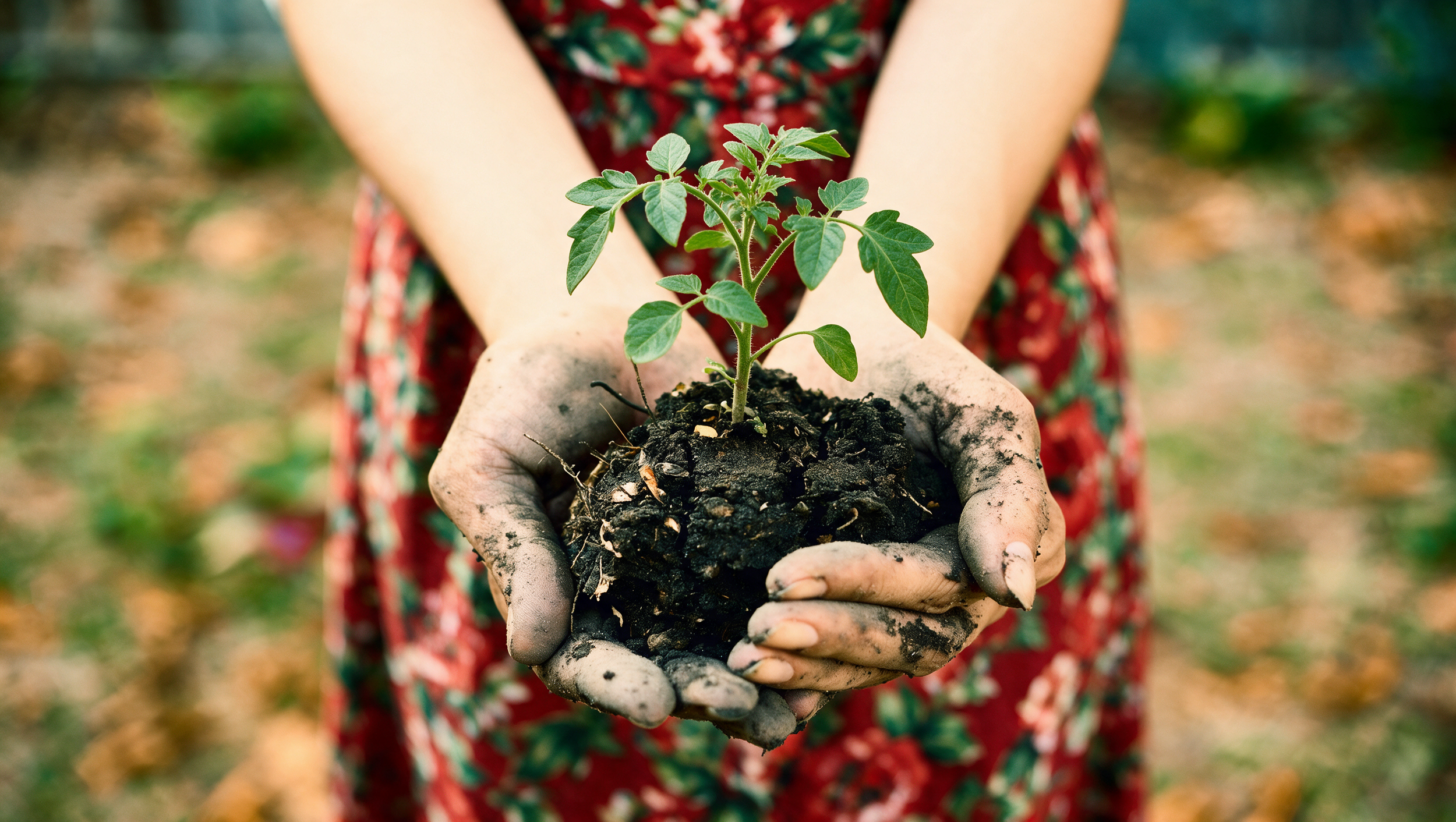 Person holding a young green plant with soil in hands, blurred outdoor background.