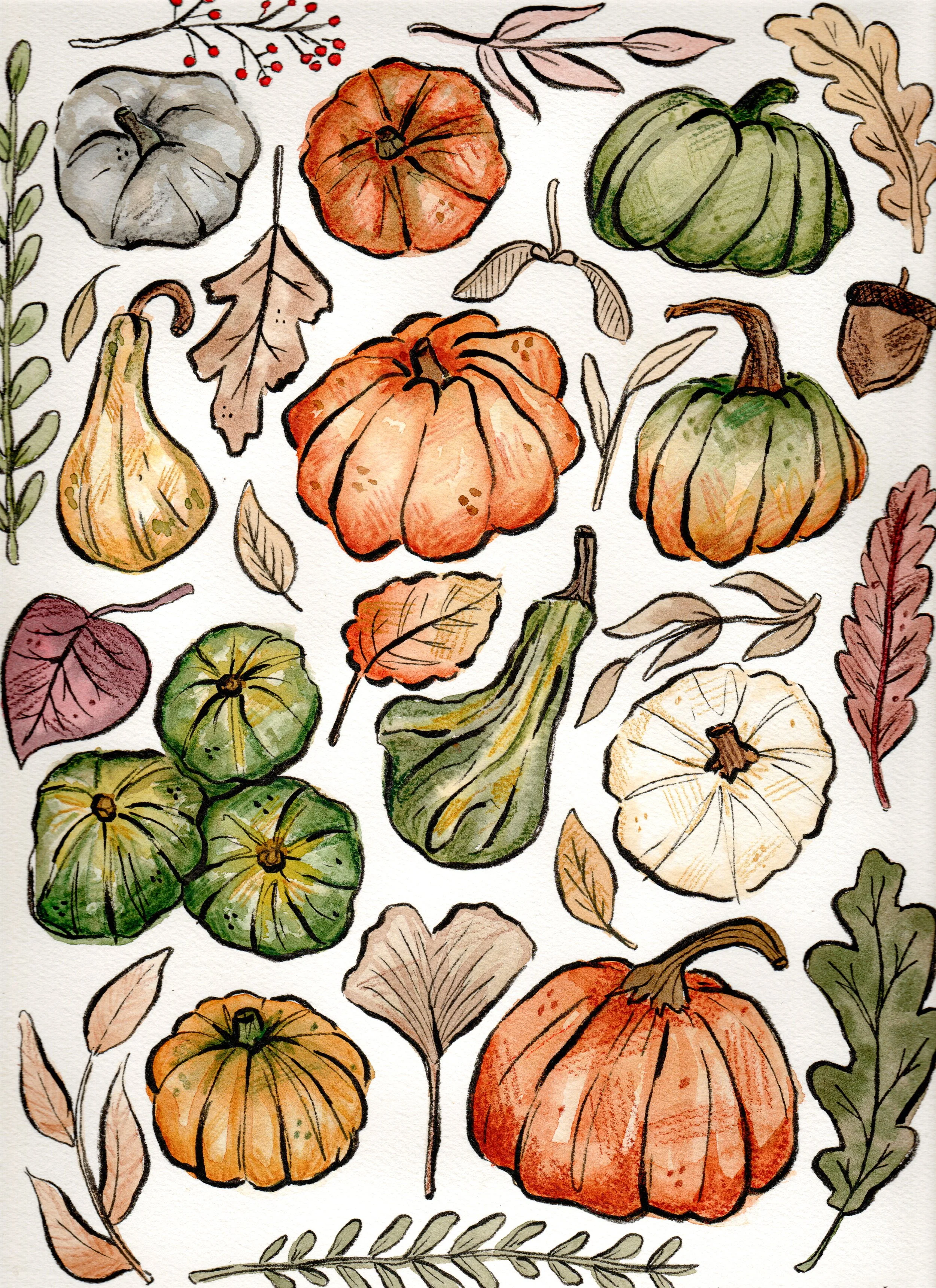 "Pumpkins & Leaves" - 9x12" watercolor, ink and colored pencil on paper - SOLD