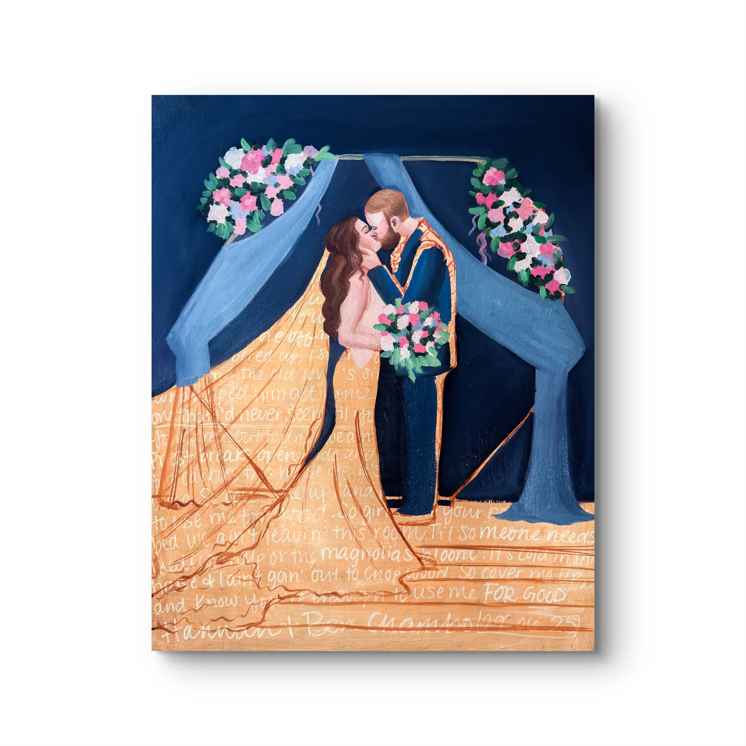 A painting of a couple kissing under wedding arch decorated with pink and white flowers, with handwritten text in the background.