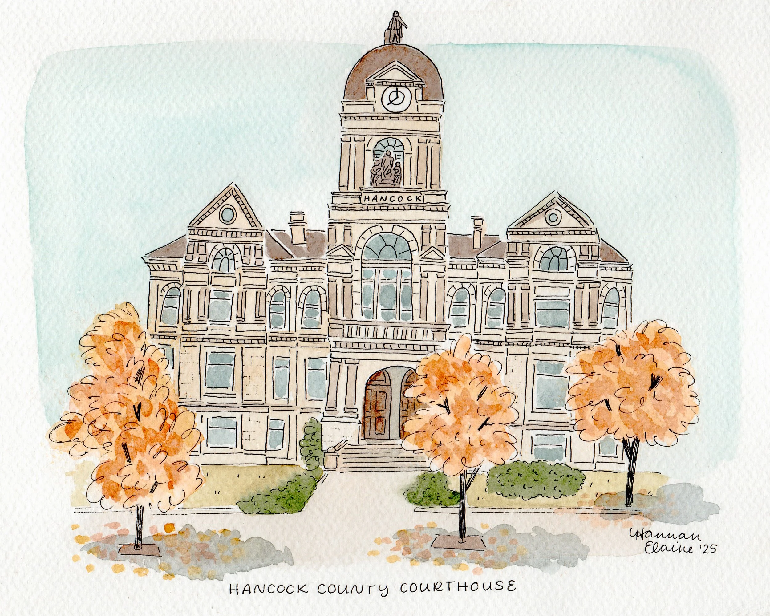 "The Hancock County Courthouse" - 8x10" watercolor and ink on paper - $100