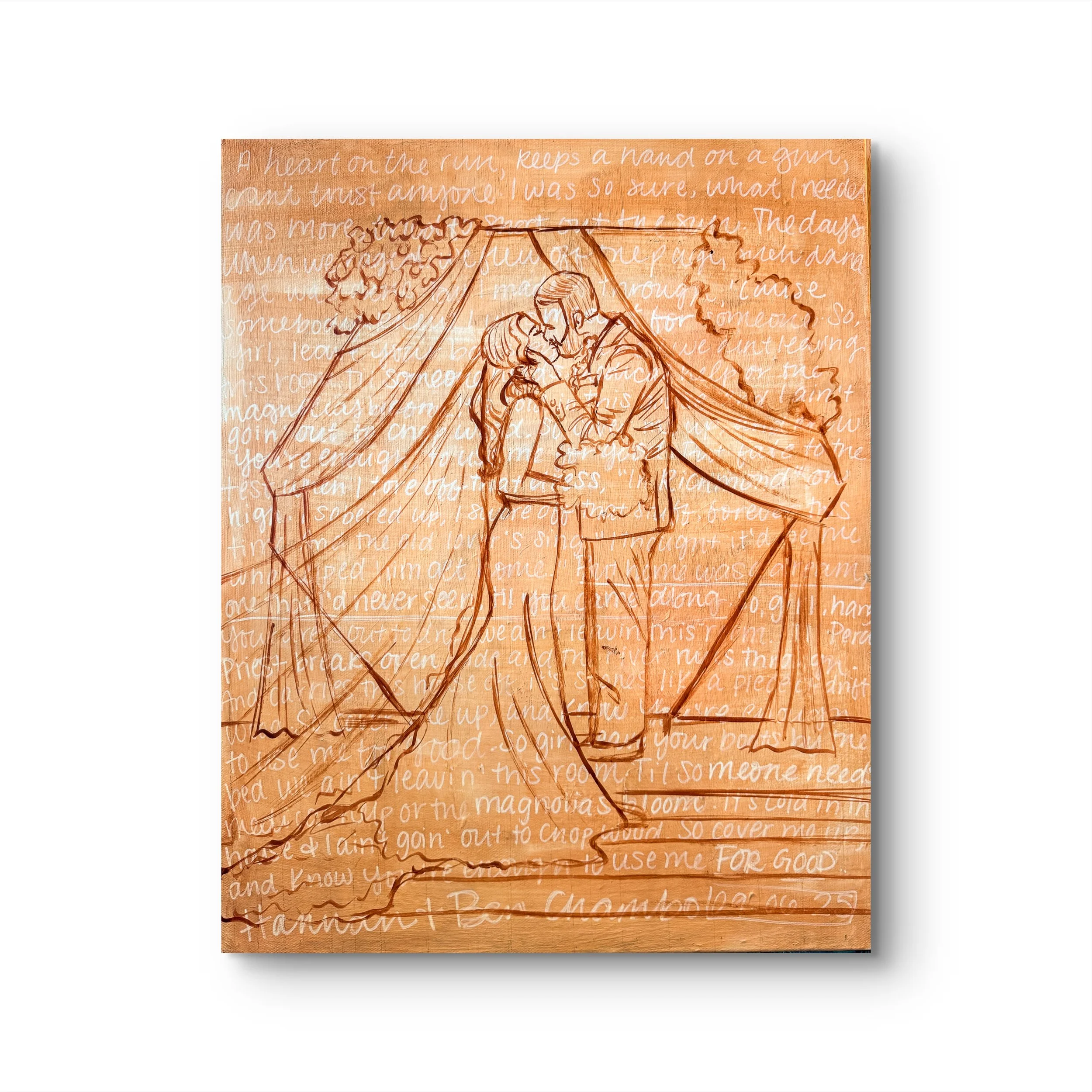 Sketch of a boy and girl kissing under a tent, with handwritten text in the background.