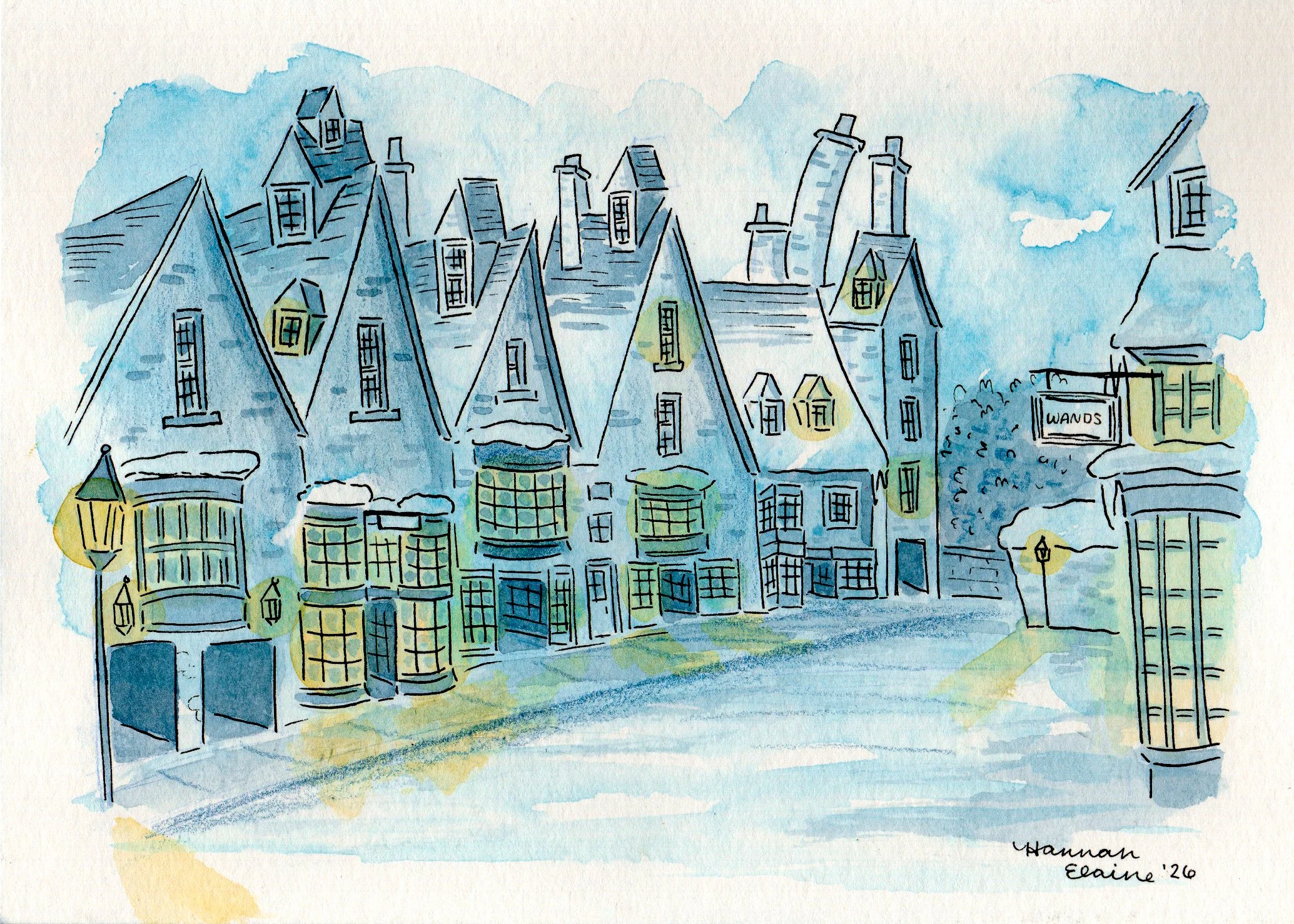 "A Cold Night in Hogsmeade" - 5x7" watercolor and ink on paper - NFS