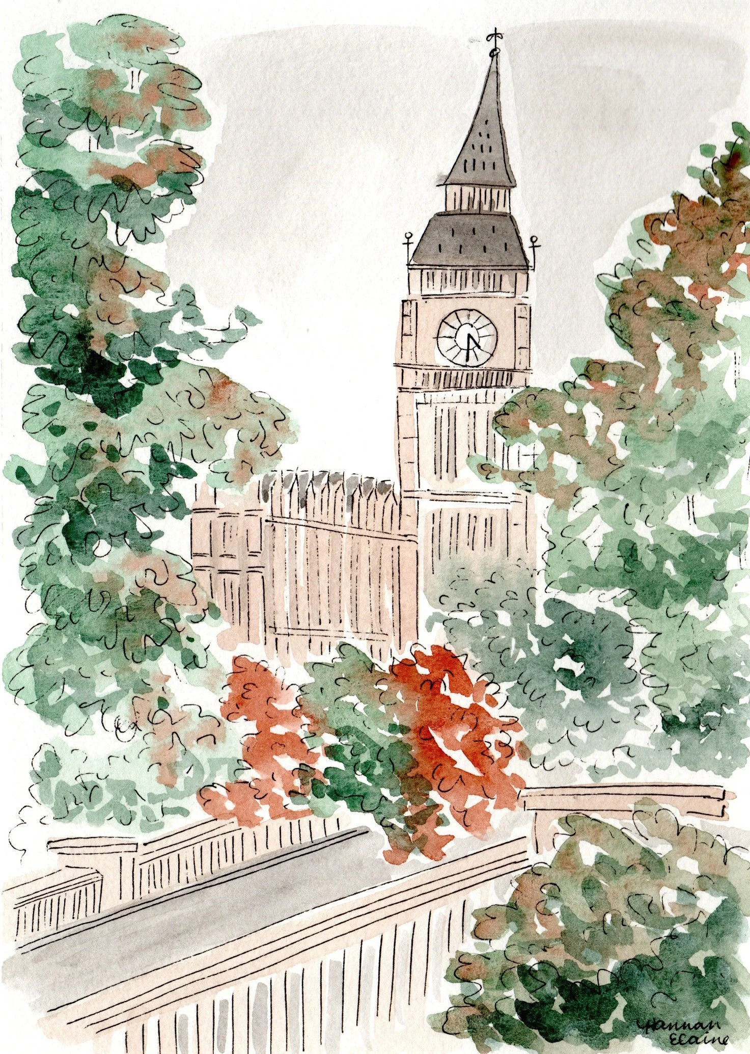 "London in Fall" - 5x7" watercolor and ink on paper - SOLD