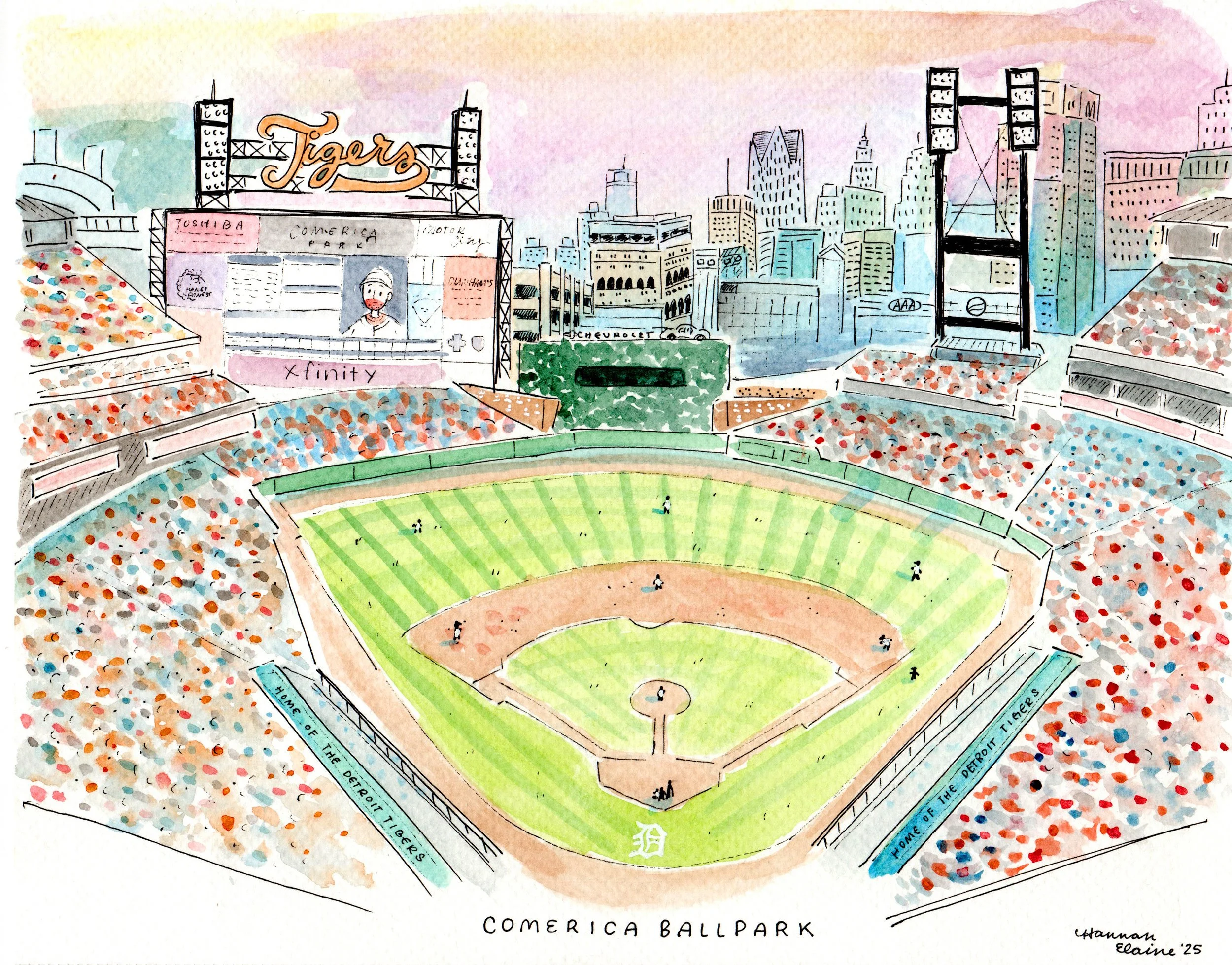 "Comerica Park" - 8x10" watercolor and ink on paper - SOLD