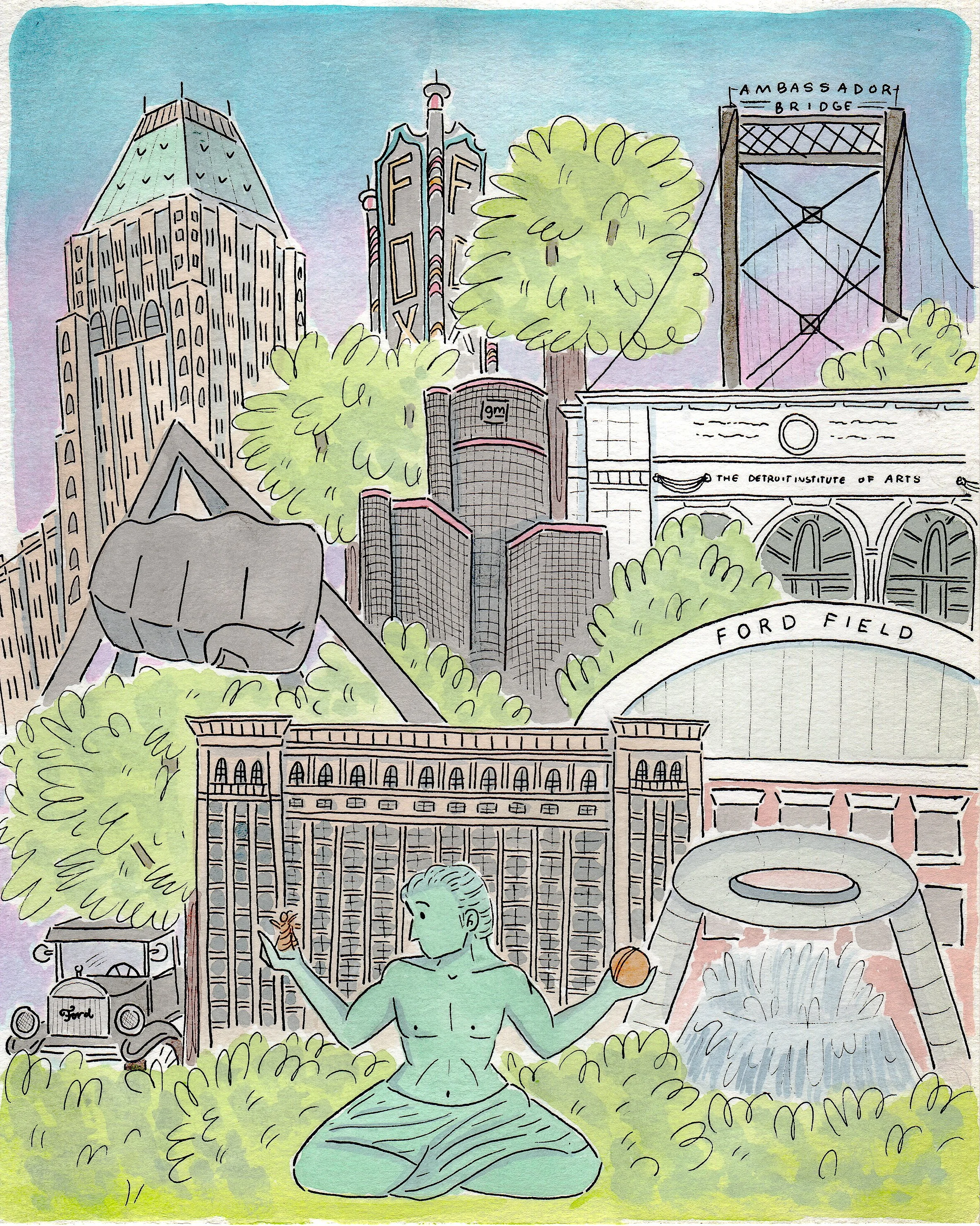 "Spirit of Detroit" - 8x10" watercolor and ink on paper - $120