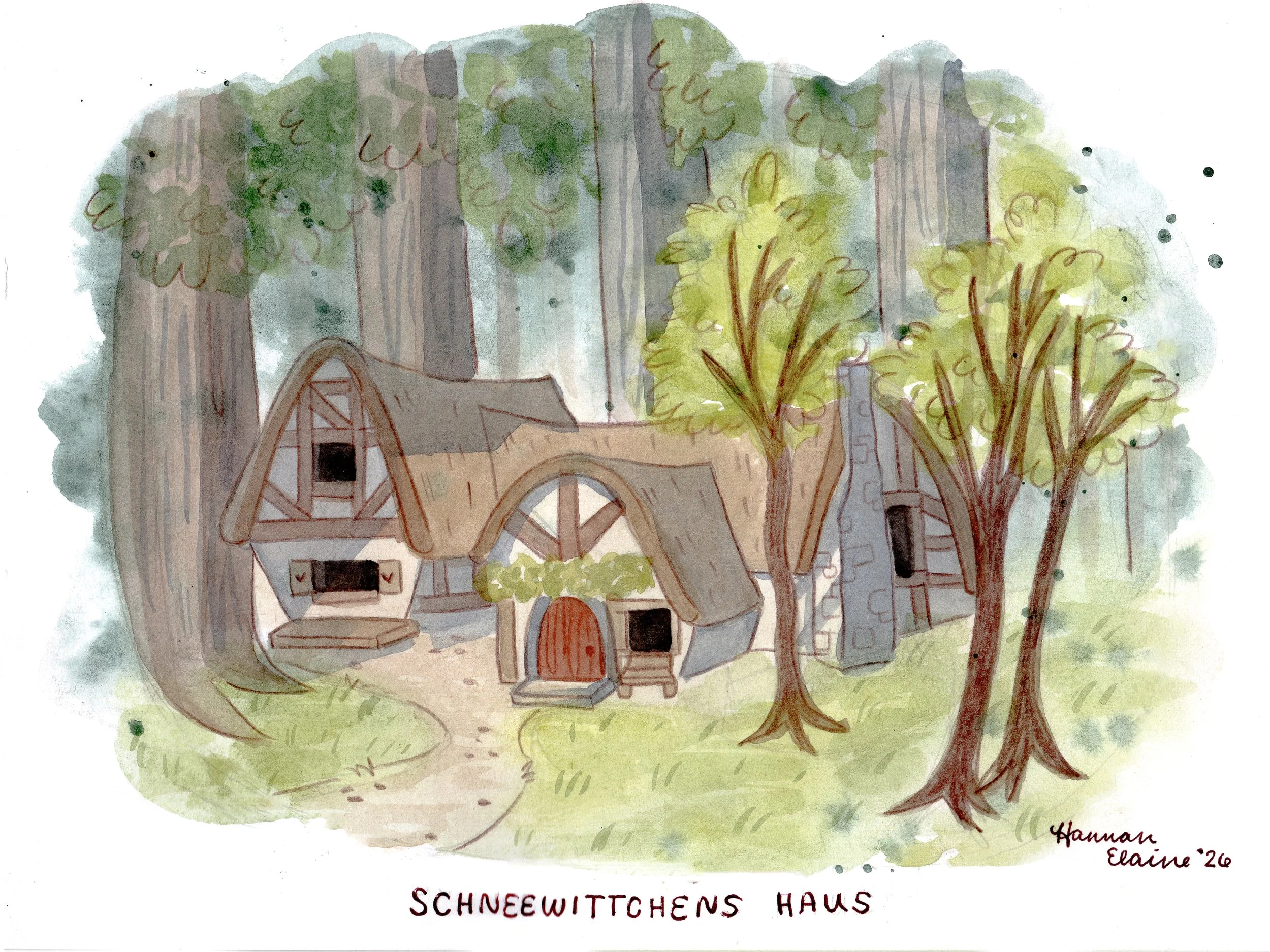 "Schneewittchens Haus" - 6x8" watercolor & ink on paper - $80