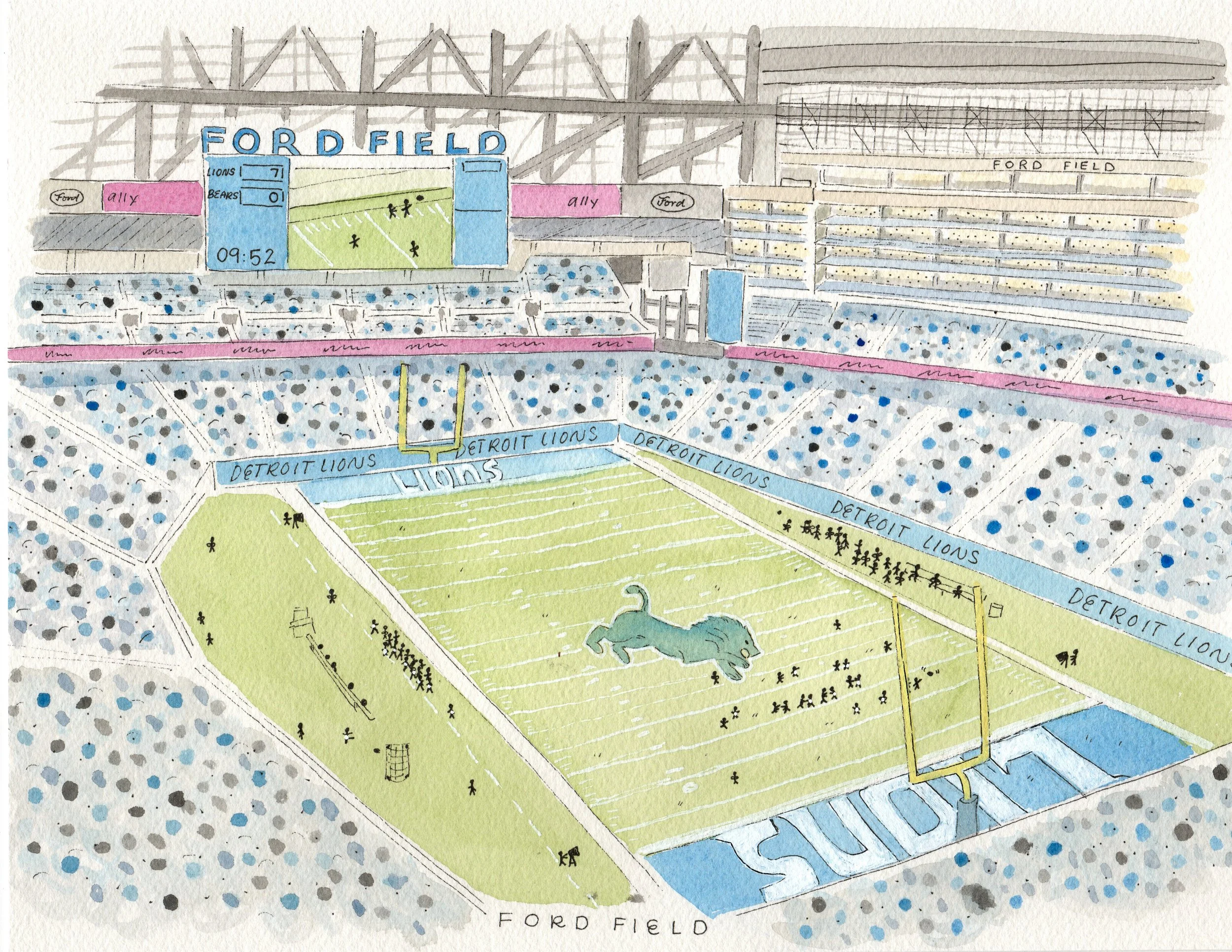 "Ford Field" - 8.5x11" watercolor and ink on paper - $120