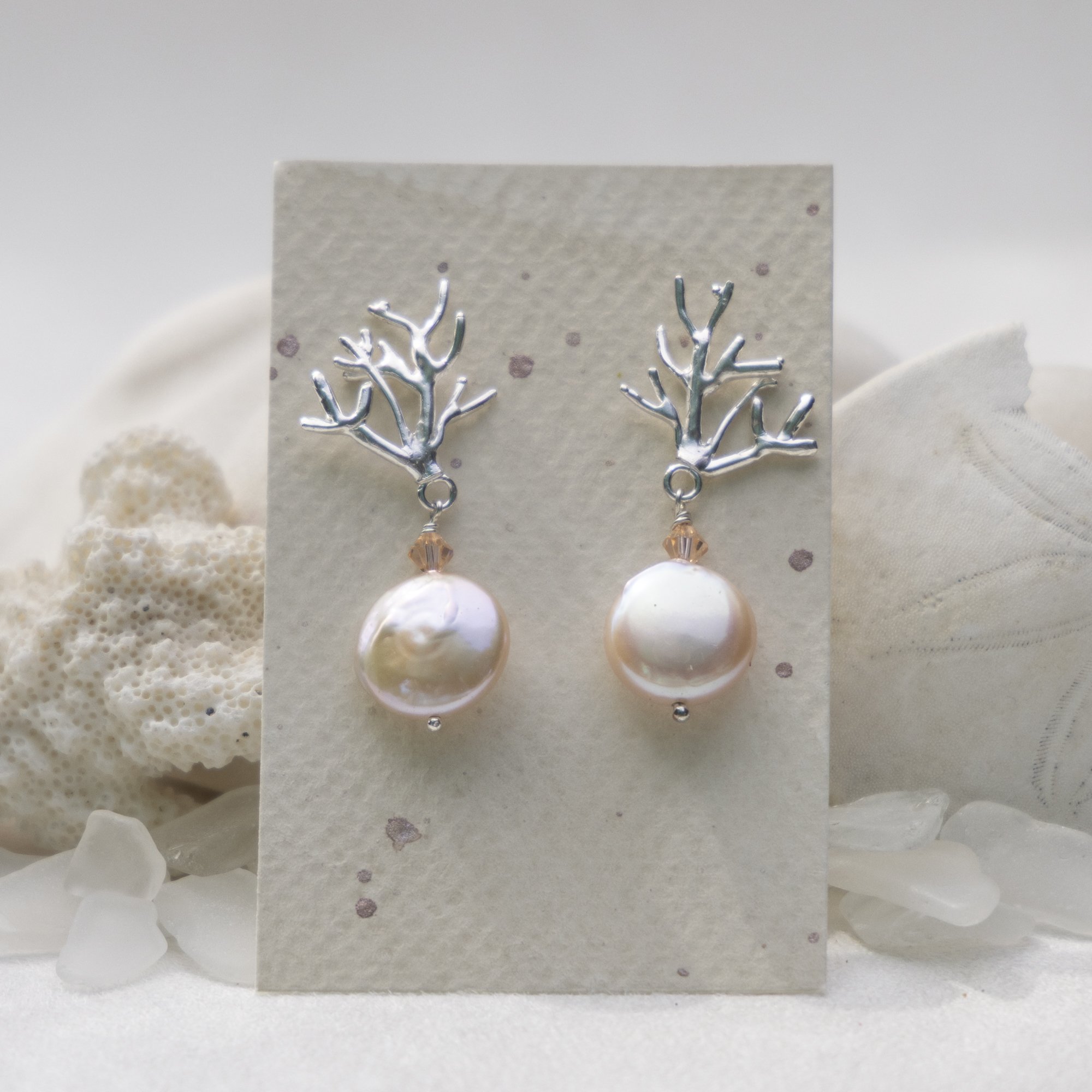 Coin Pearl Coral Earrings