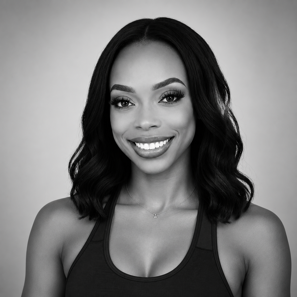 Black and white portrait of a smiling woman with wavy hair, wearing a tank top and a necklace, against a plain background.