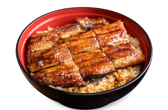 Bowl with cooked rice topped with grilled eel slices glazed in sauce.