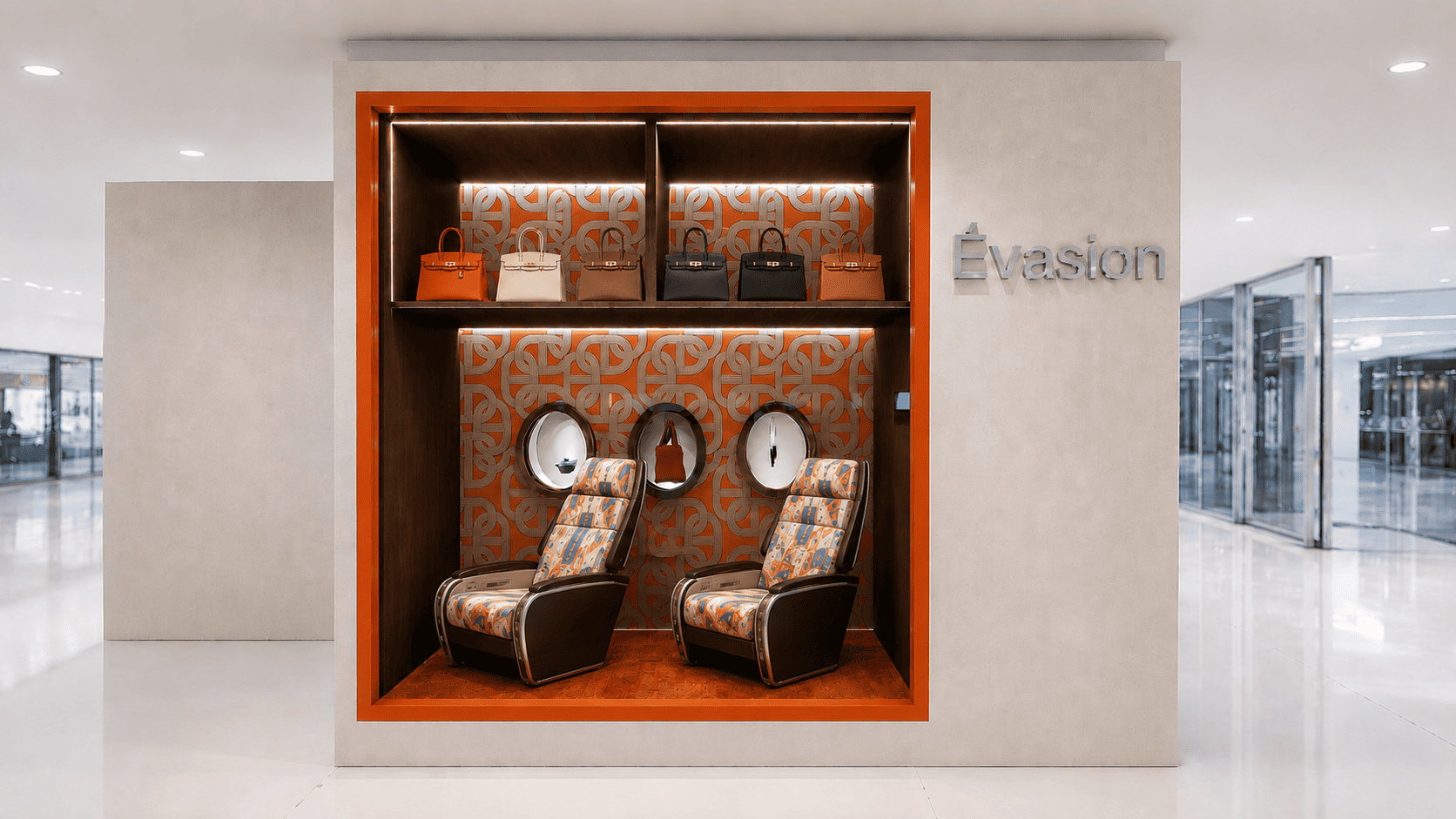 L'espace « Évasion » réinterprète une cabine d'avion pour prolonger l'expérience du voyage à travers l'univers Hermès.