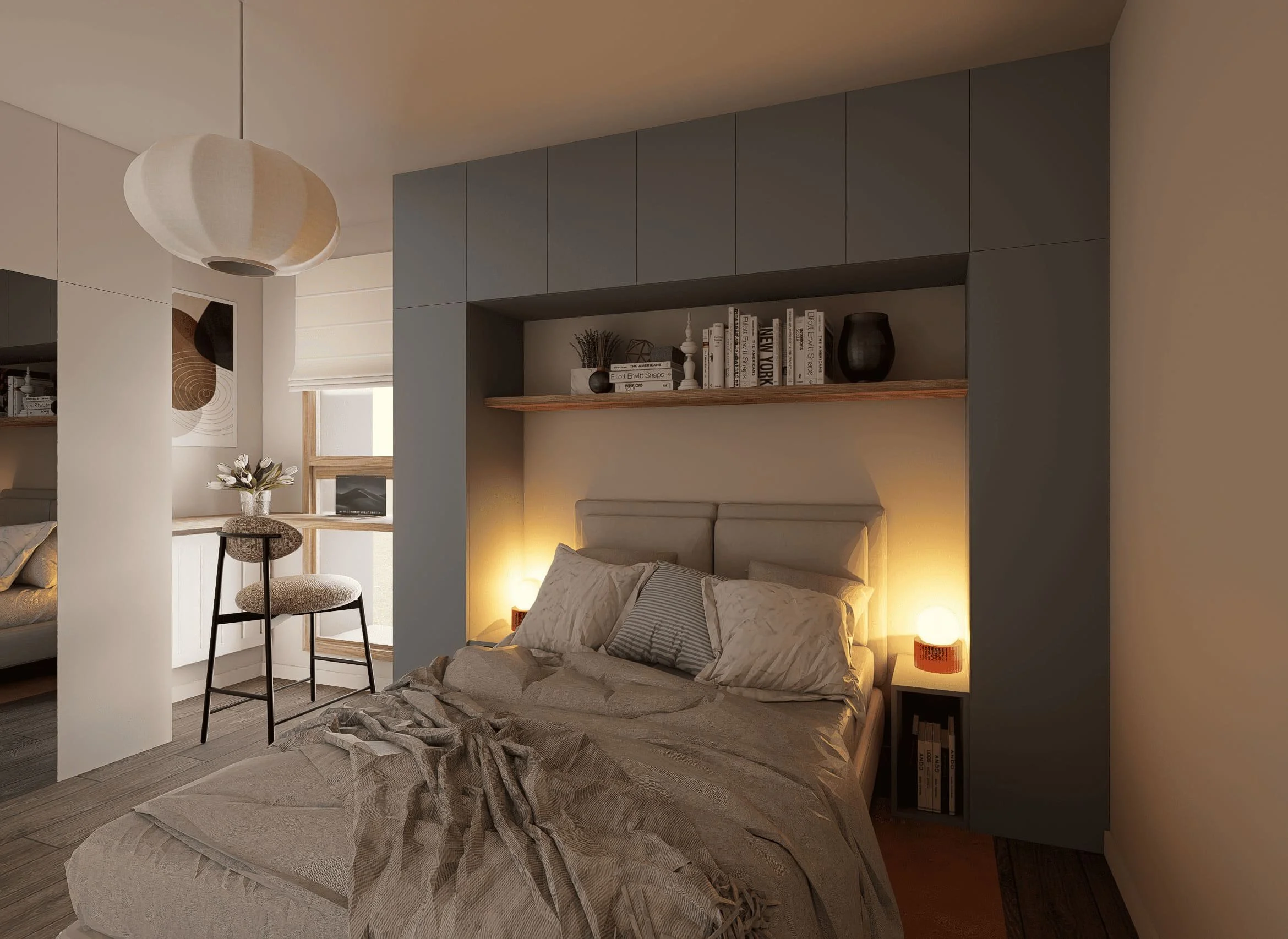 Intérieur cosy d'une chambre moderne avec un lit, des étagères avec livres, une lampe de chevet orange, et un décor minimaliste.