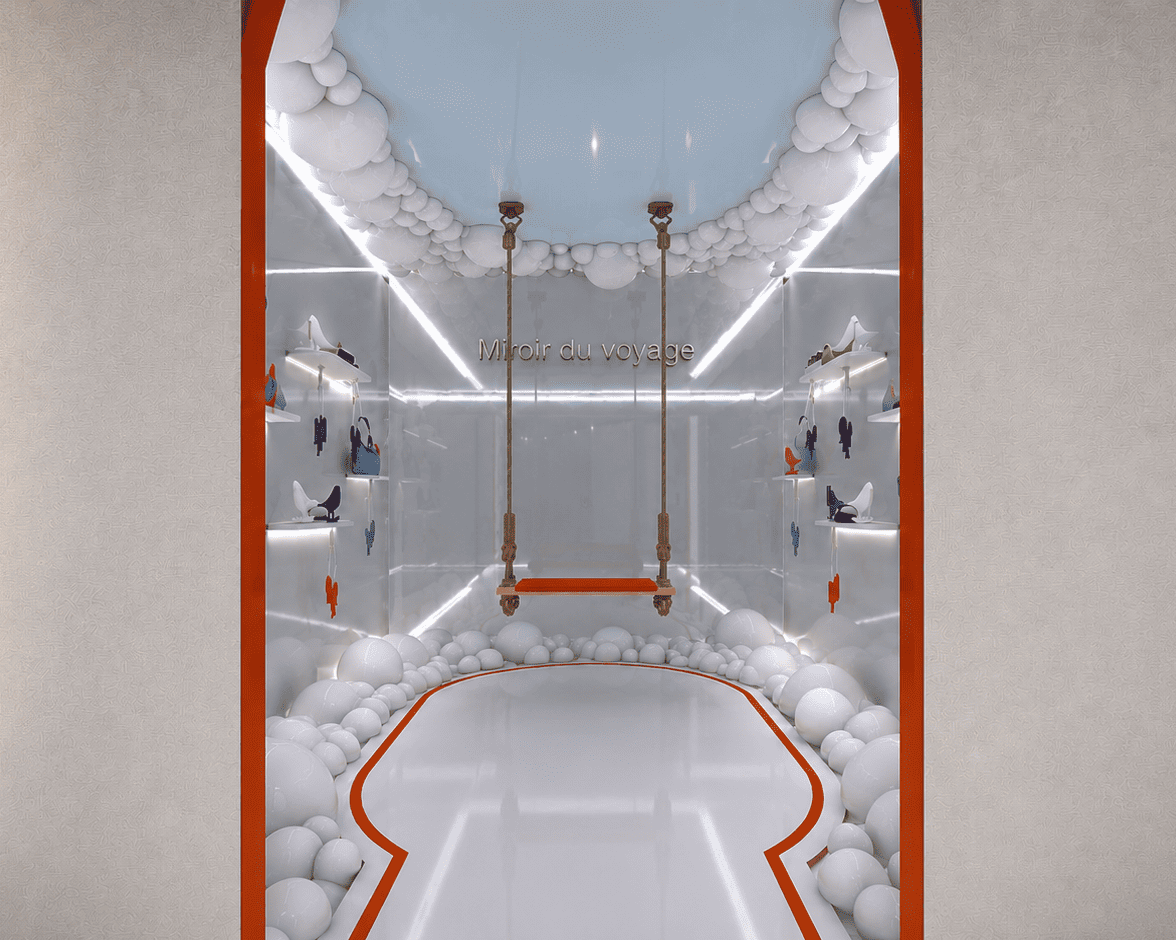 Projet de pop-up store en architecture d'intérieur avec une scénographie immersive inspirée du voyage, mettant en valeur les produits dans un univers lumineux et contemporain.