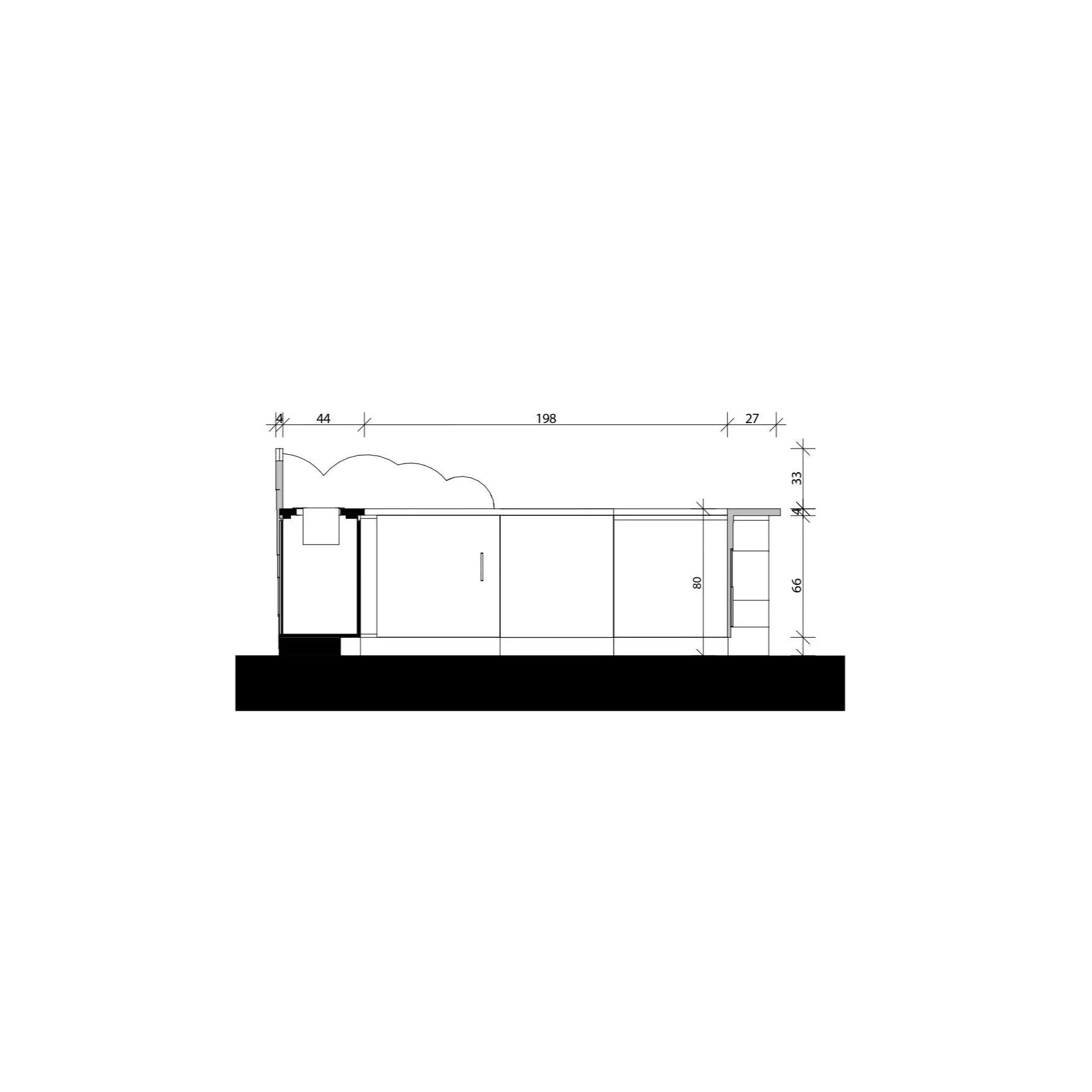 Coupe détaillée du comptoir — Principe constructif et aménagement intérieur.
