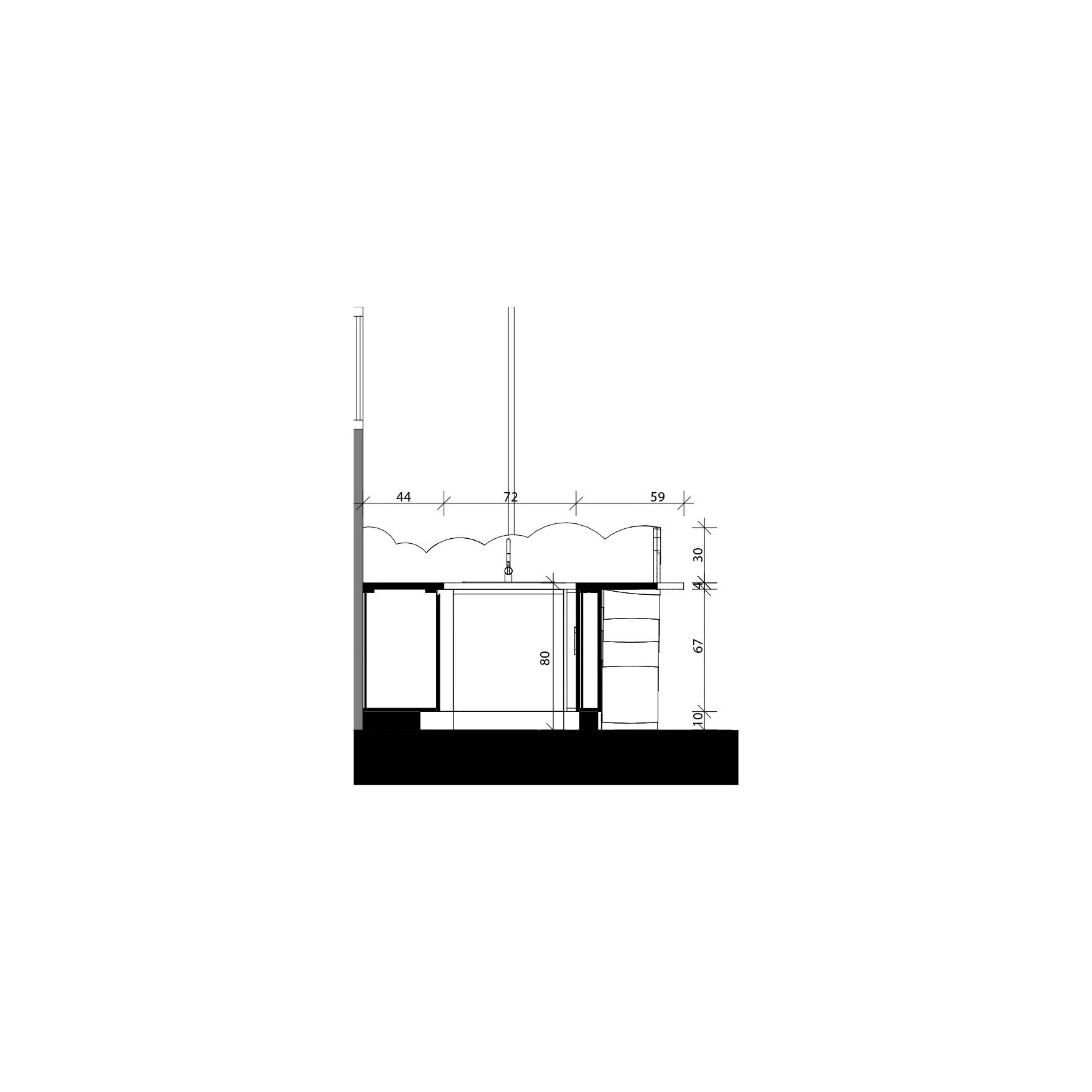 Coupe détaillée du comptoir — Principe constructif et aménagement intérieur.