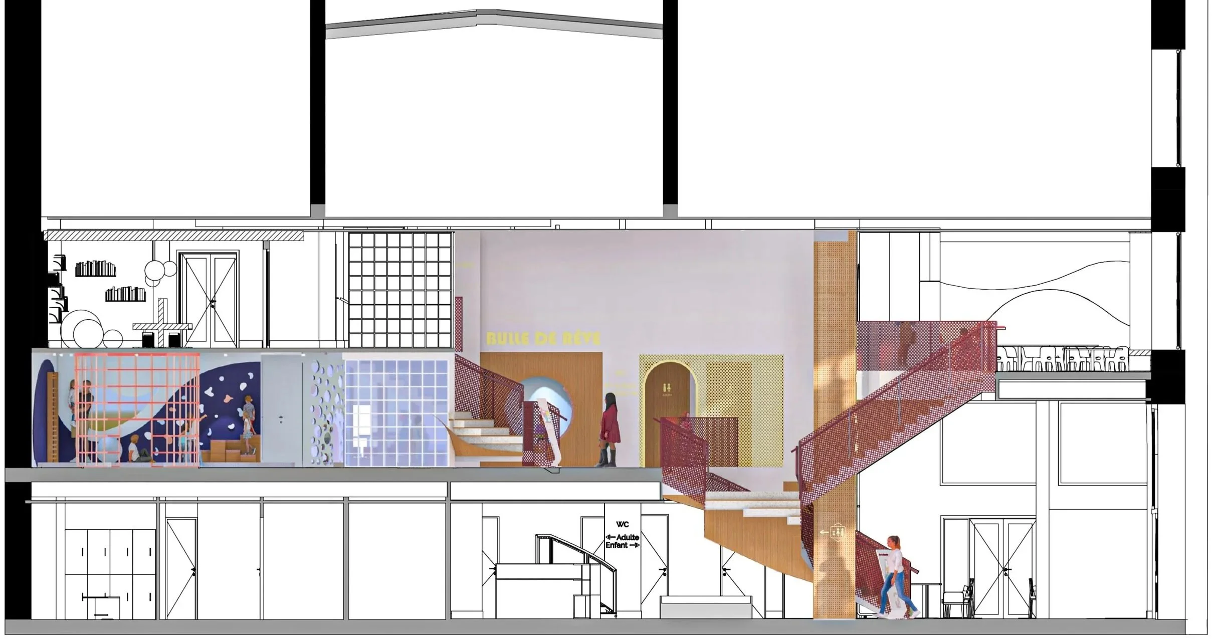 Coupe perspective – Premier étage -
Visualisation de l'organisation des espaces de lecture, de parentalité et de détente. Elle révèle la manière dont les différents aménagements structurent ce niveau autour du thème de l'eau.
