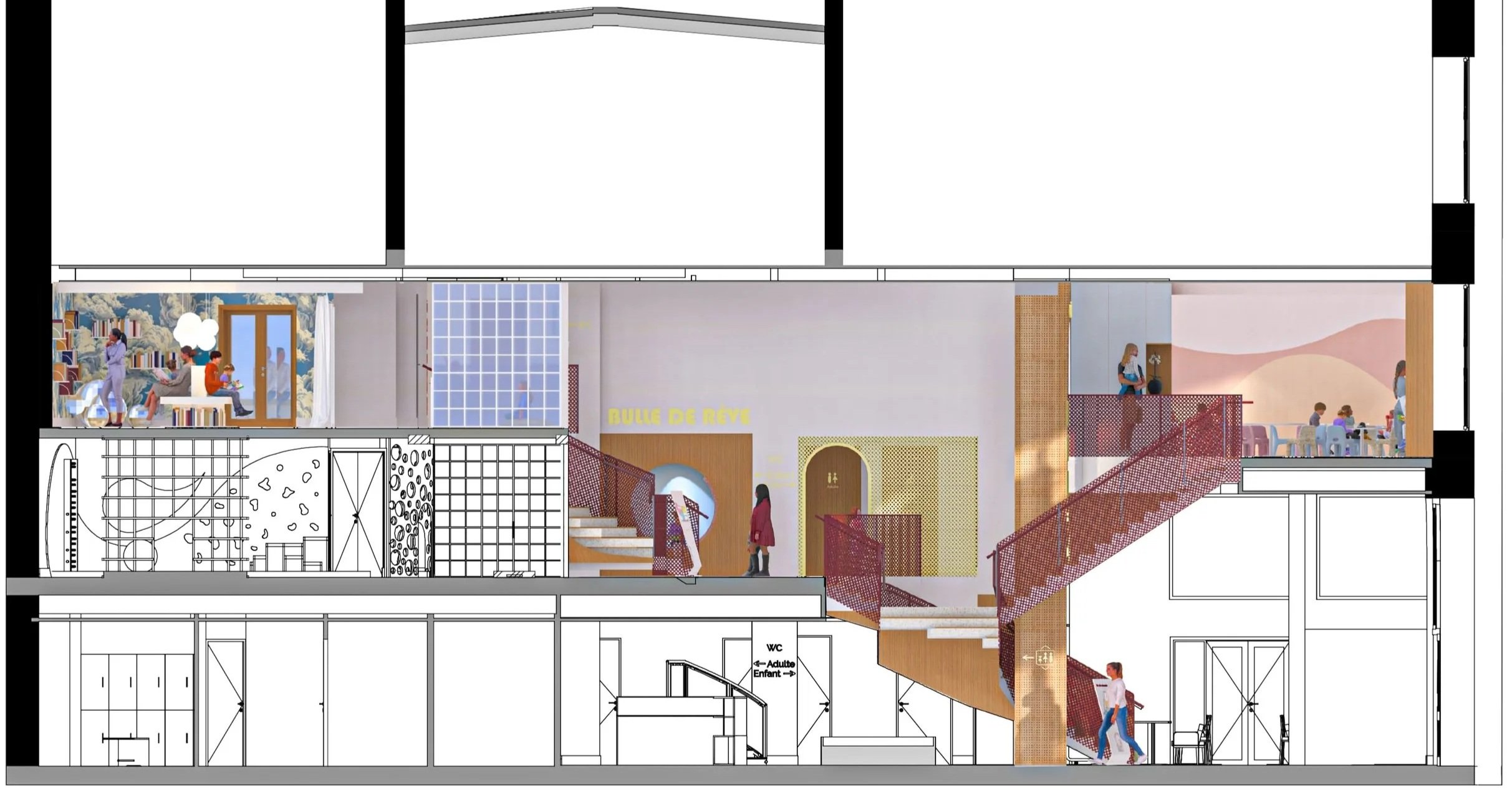 Coupe perspective – Deuxième étage -
La coupe met en valeur les espaces de coworking, de réunion et de garderie nocturne, ainsi que la continuité des circulations jusqu'au dernier niveau.