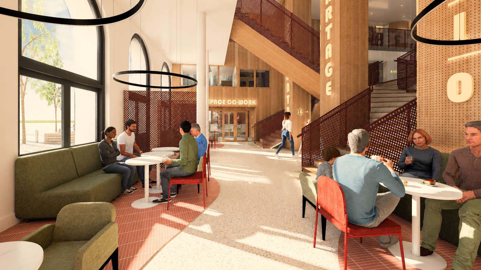 Vue intérieure d'un espace intergénérationnel mêlant café, coworking et espaces de rencontre, avec une architecture contemporaine, une grande hauteur sous plafond et une lumière naturelle abondante.