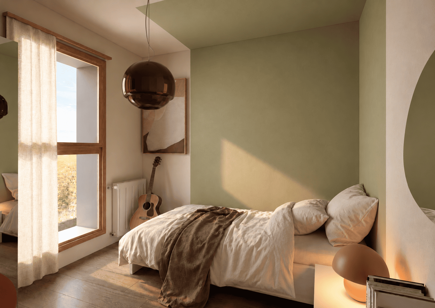 La chambre d'amis conserve une implantation simple et fonctionnelle, réchauffée par quelques touches de couleur.