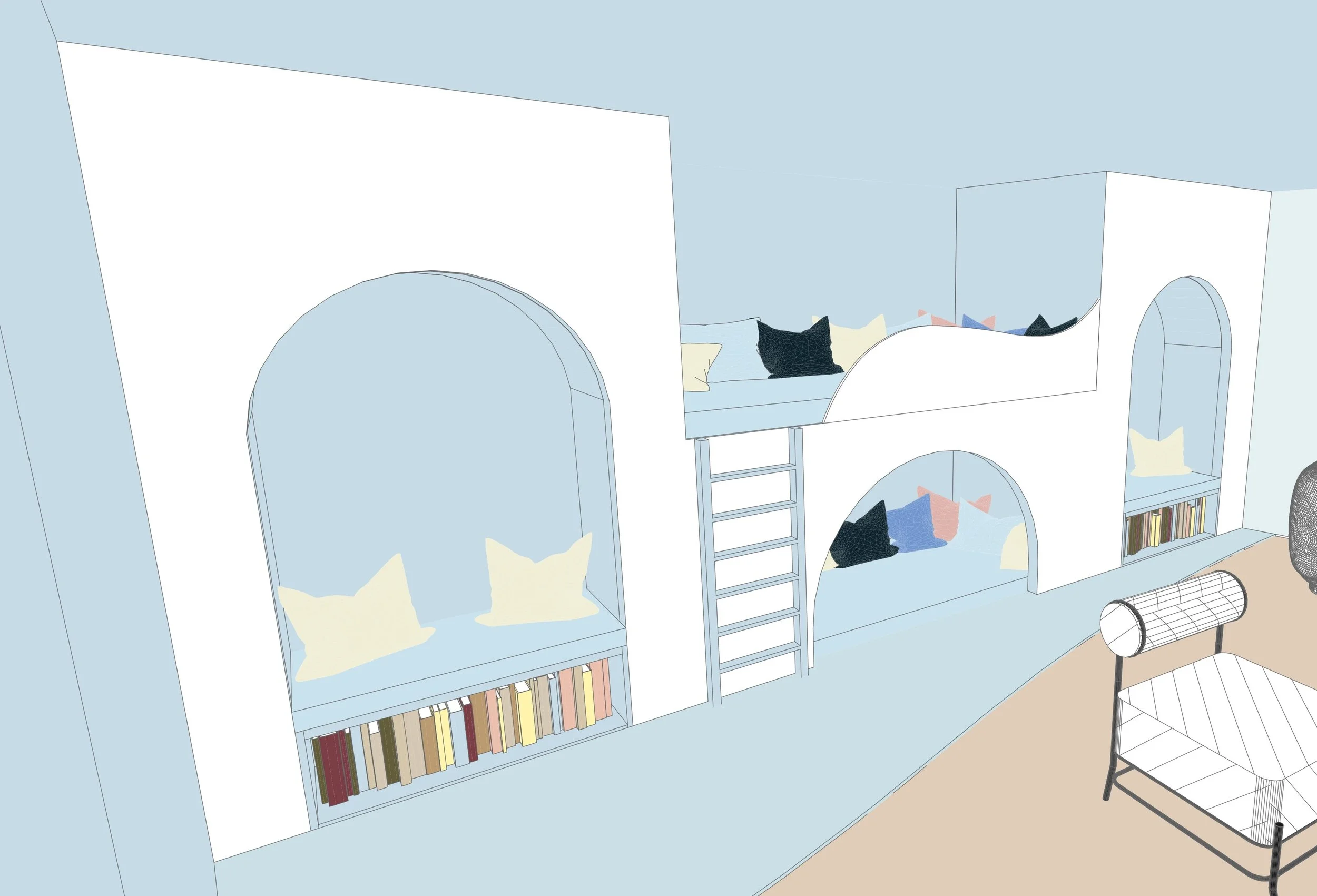 Développement du mobilier - 
Conception d'un espace de lecture et de détente pensé comme un élément architectural à part entière. 