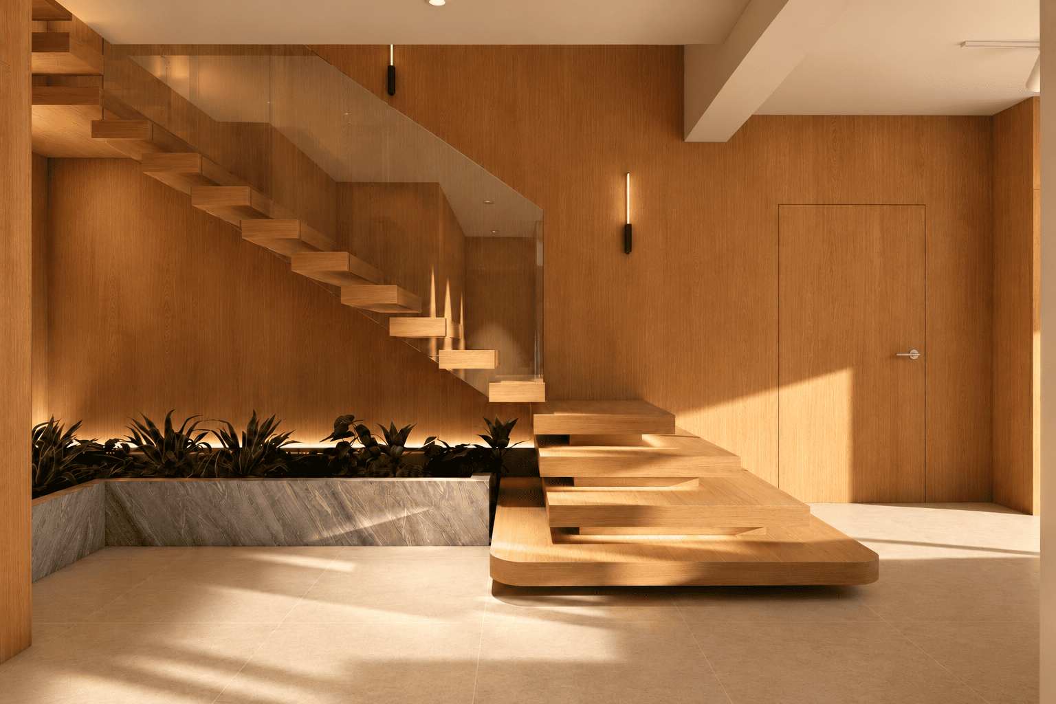 L'escalier devient le nouvel élément de liaison entre les deux anciens logements.