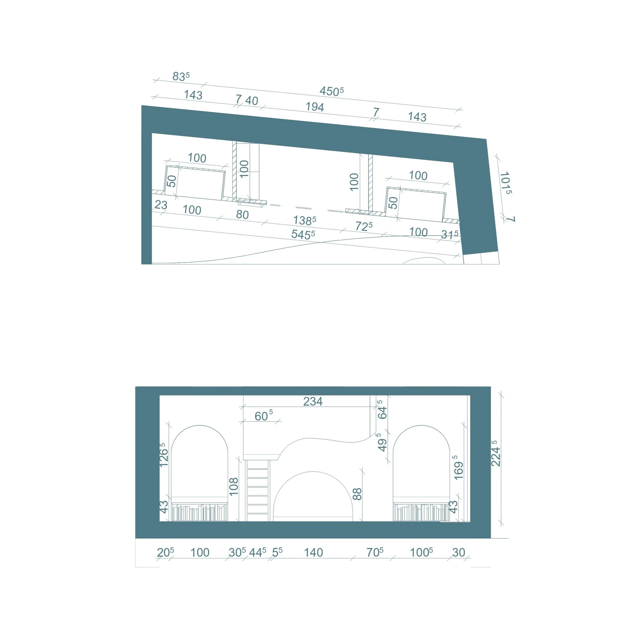 Développement du mobilier -
Conception d'un espace de lecture et de détente pensé comme un élément architectural à part entière. Les documents détaillent les dimensions et l'organisation des alcôves, conçues pour offrir différents niveaux d'appropria