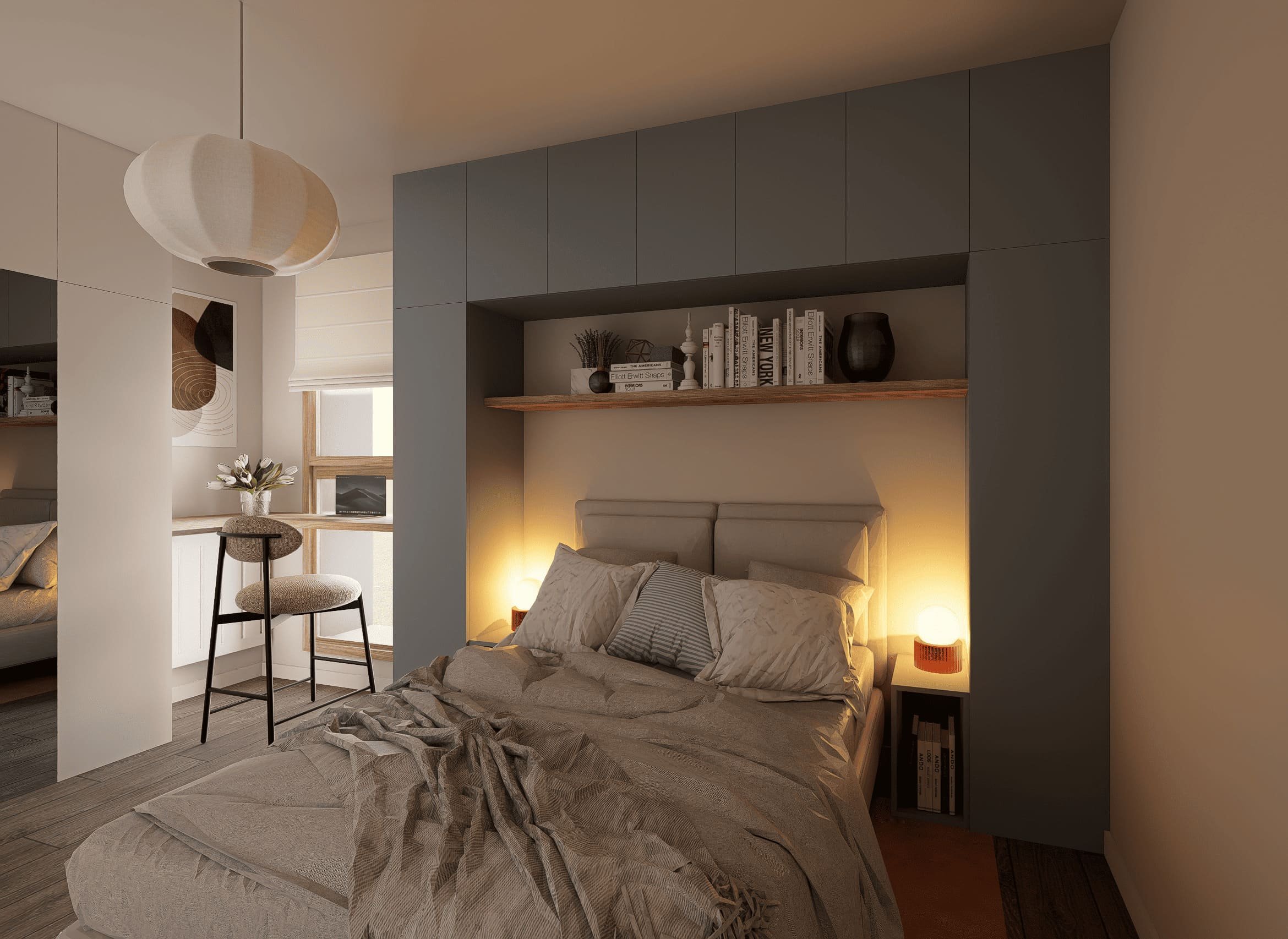 Une tête de lit sur mesure intègre rangements, chevets et bibliothèque afin d'optimiser une pièce aux dimensions contraintes.