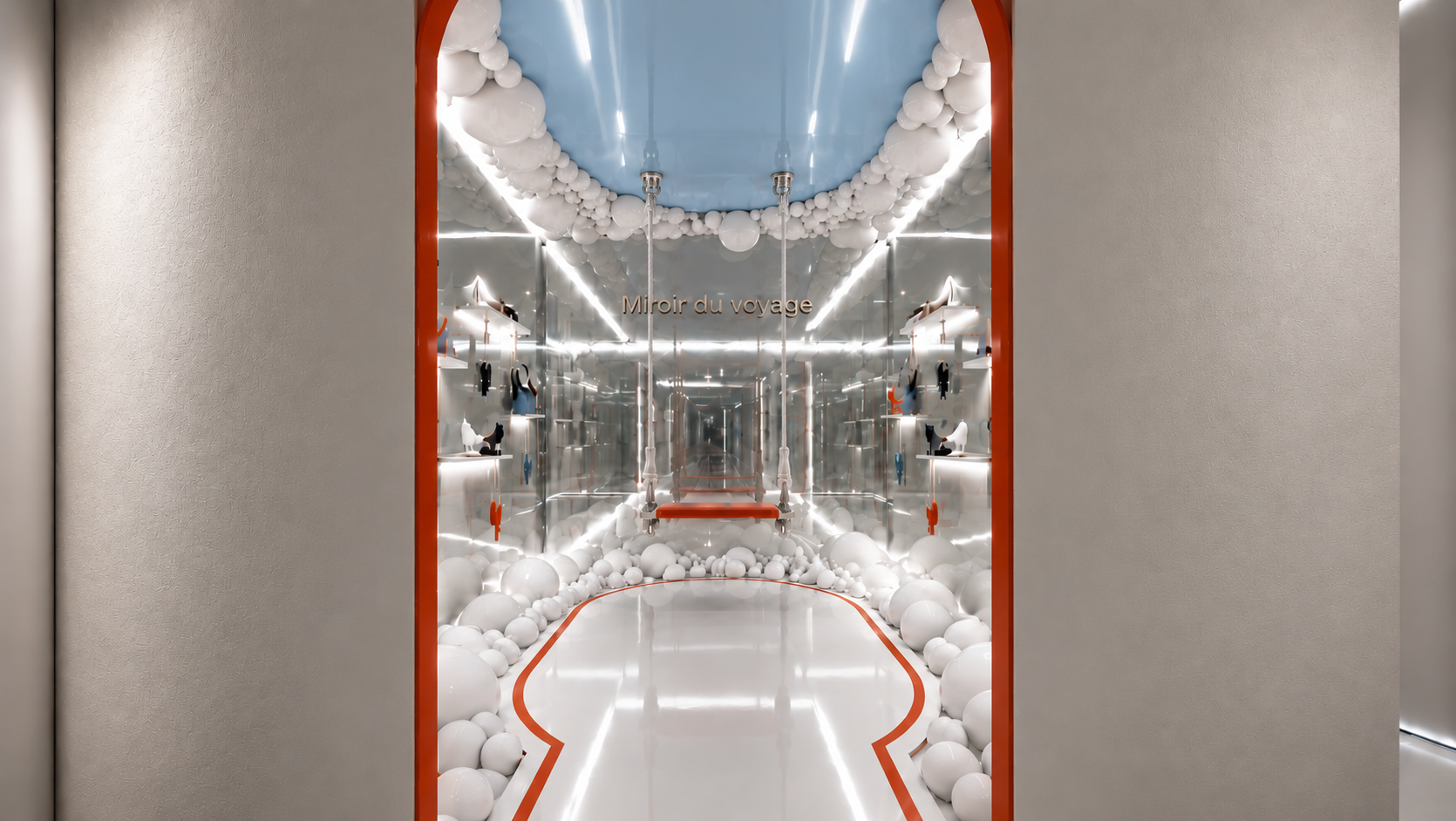 Projet de pop-up store en architecture d'intérieur avec une scénographie immersive inspirée du voyage, mettant en valeur les produits dans un univers lumineux et contemporain.