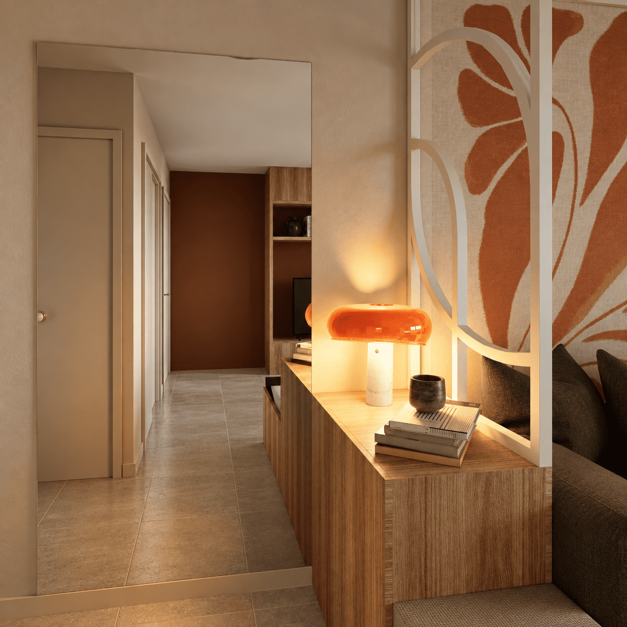 Le meuble d'entrée combine assise, rangement et séparation visuelle sans fermer les espaces.