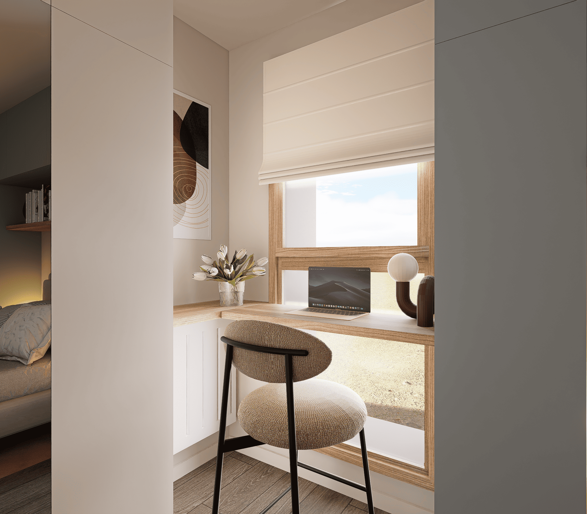 Le bureau profite de la lumière naturelle tout en offrant des rangements intégrés discrets.