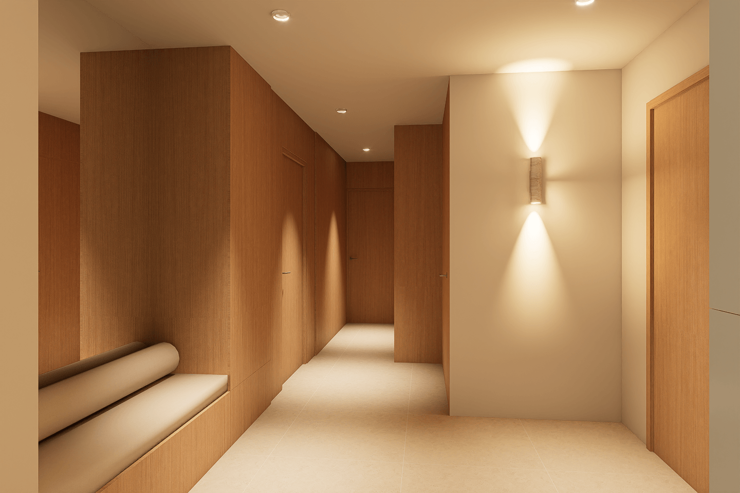 Les menuiseries sur mesure intègrent portes et rangements dans une même écriture architecturale.