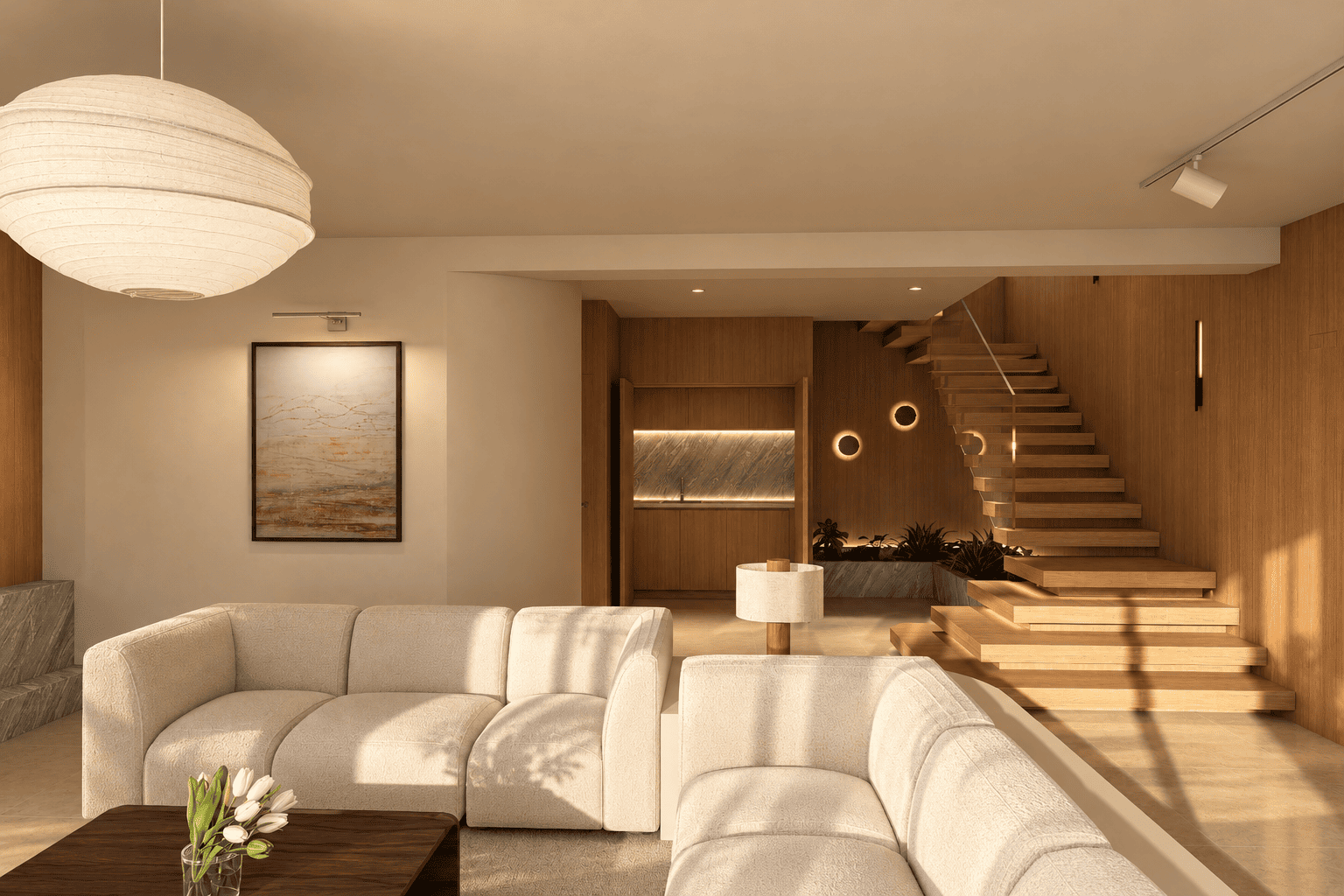 Salon moderne avec canapé blanc, table basse en bois, escalier en bois à l'arrière, éclairage discret et décoration minimaliste