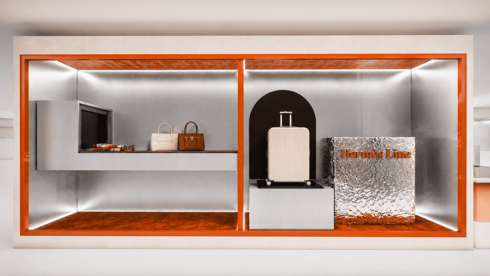 Une scénographie inspirée de l'enregistrement des bagages et des portiques de sécurité met en valeur les créations Hermès.