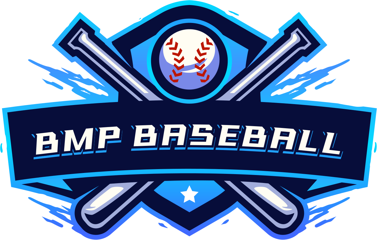 Logo for BMP Baseball featuring two crossed baseball bats, a baseball with red stitching, and a shield with a star at the bottom, all in blue, white, and black colors.