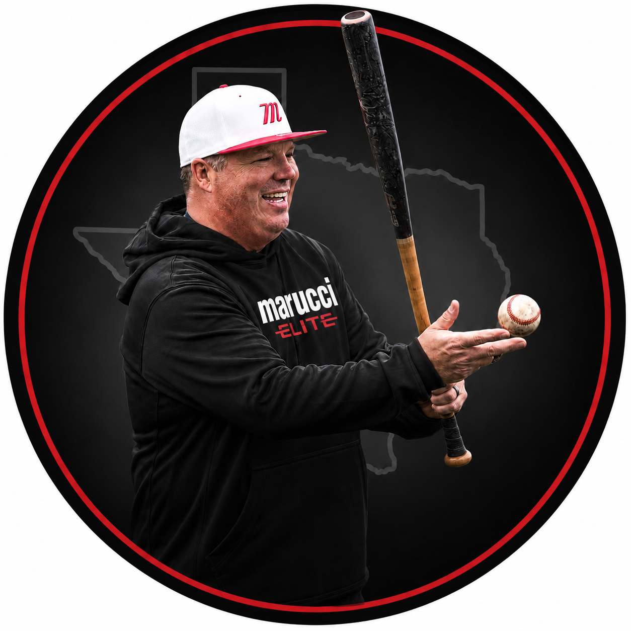A man wearing a white baseball cap with red accents and a black hoodie with Marucci Elite written on it is holding a baseball bat and tossing a baseball in the air against a black background with an outline of the state of Texas.