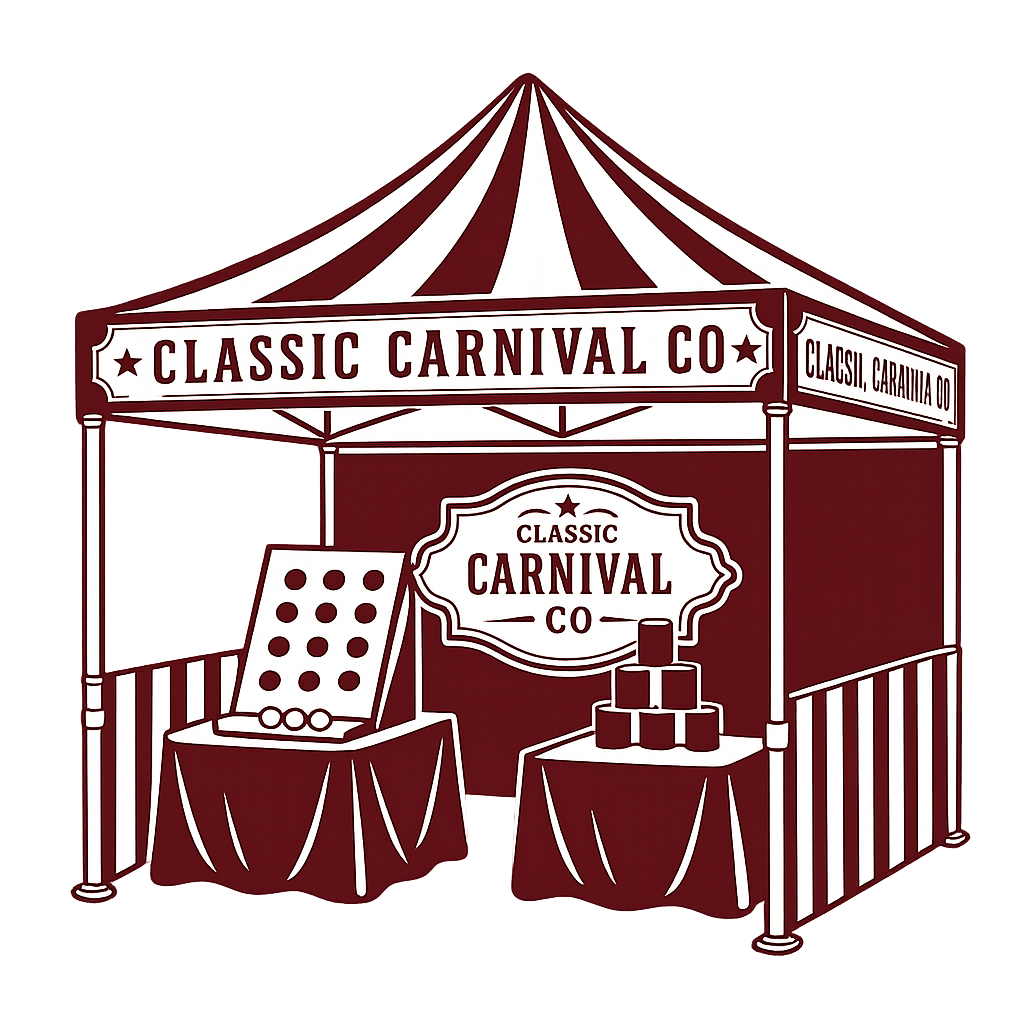 A vintage-style carnival booth with a striped canopy and tables displaying games and prizes, labeled 'Classic Carnival Co'.