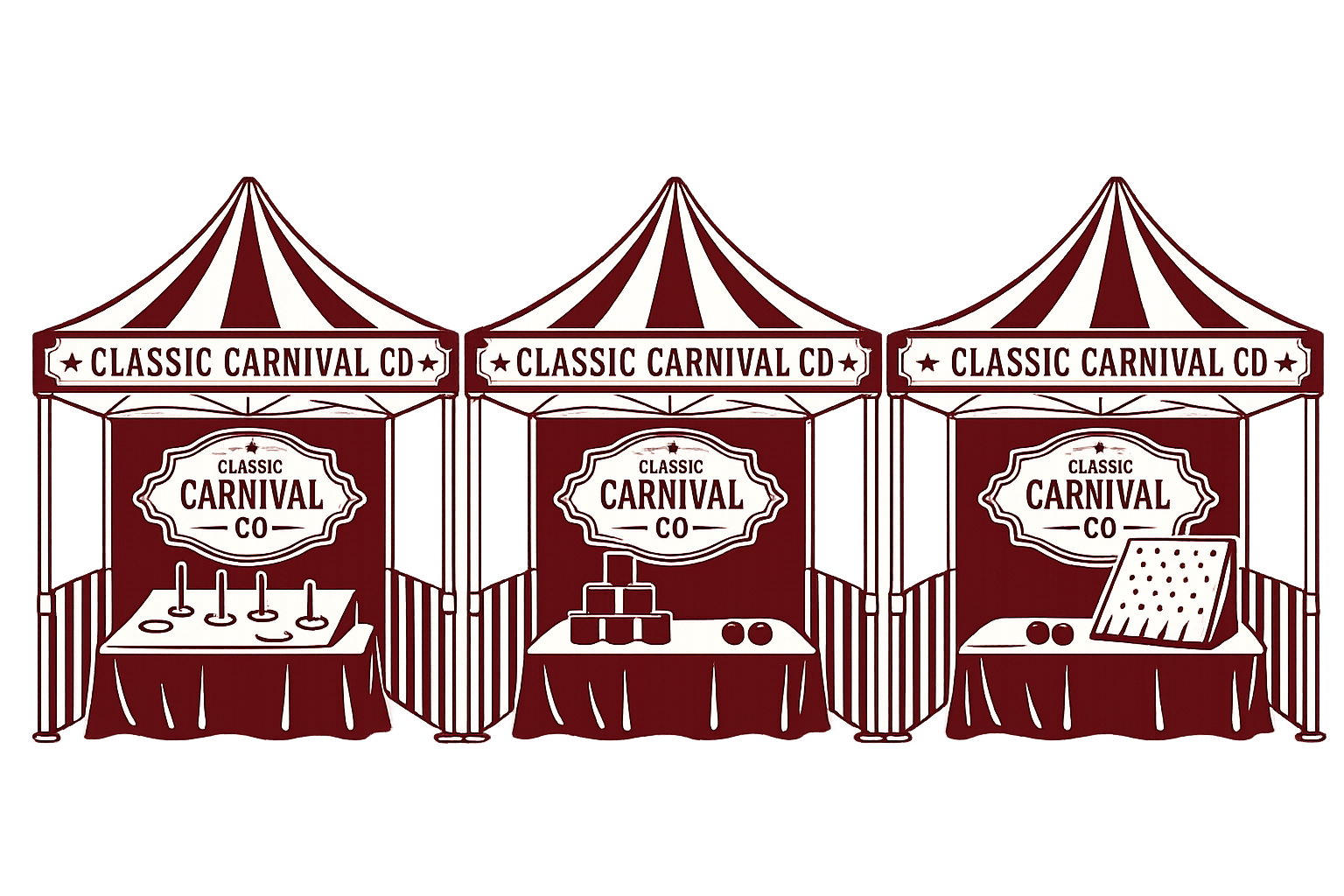 Three carnival booths with red and white striped canopies labeled 'Classic Carnival CD,' two with game setups and one with a prize box.