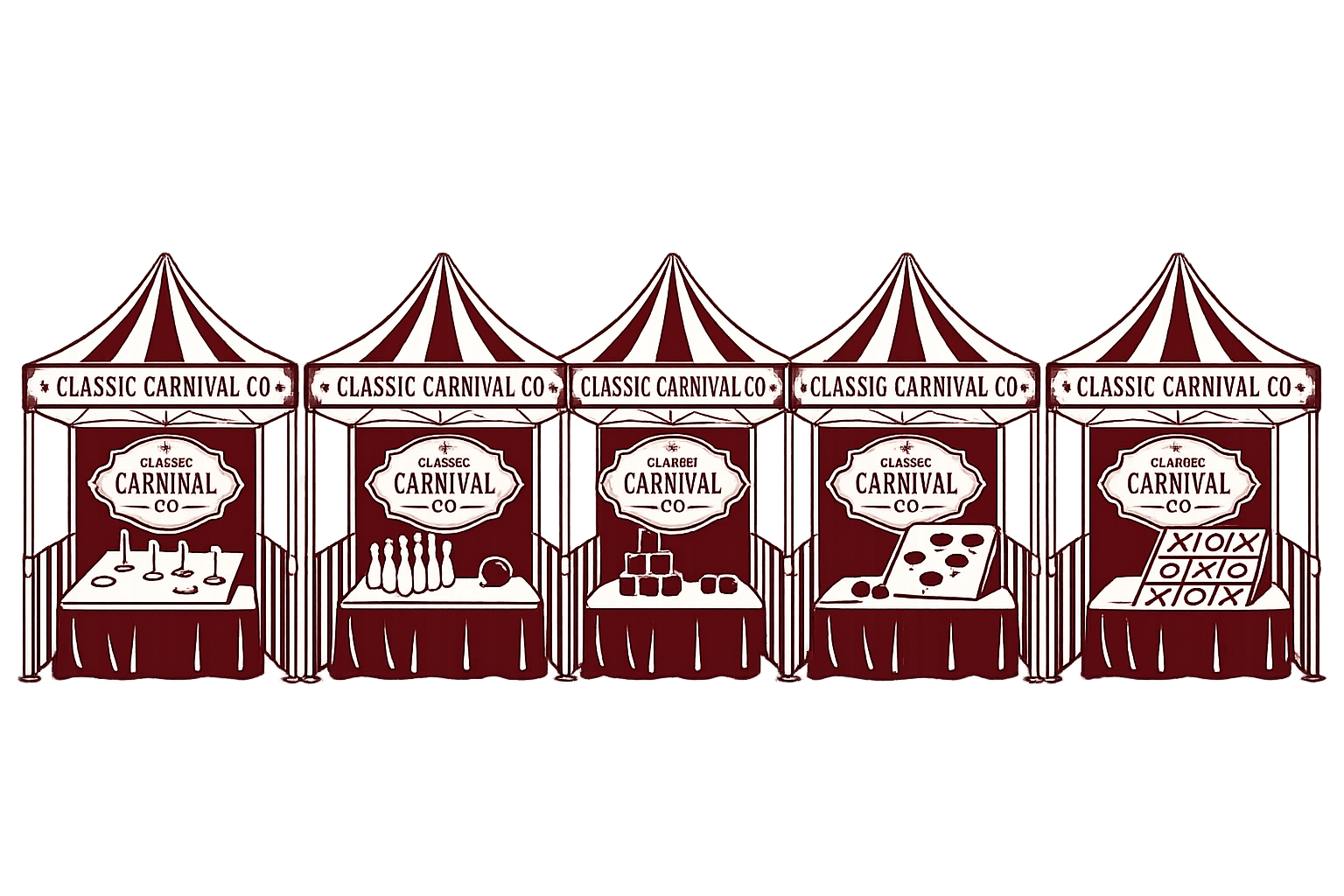 Five carnival booths with red and white striped canopies labeled "Classic Carnival Co" selling game booths with rings, bowling, stacked blocks, a pizza slice, and tic-tac-toe.