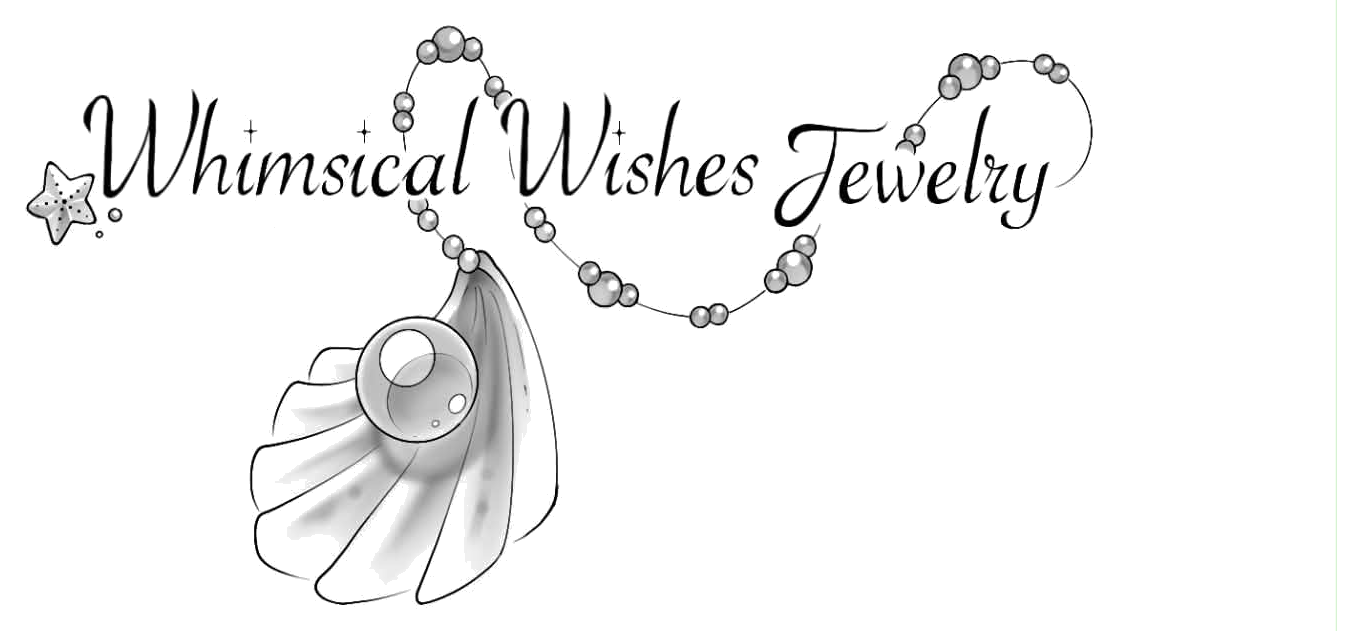 Logo for Whimsical Wishes Jewelry featuring a star, a necklace with beads, and a mermaid charm, all in silver and black